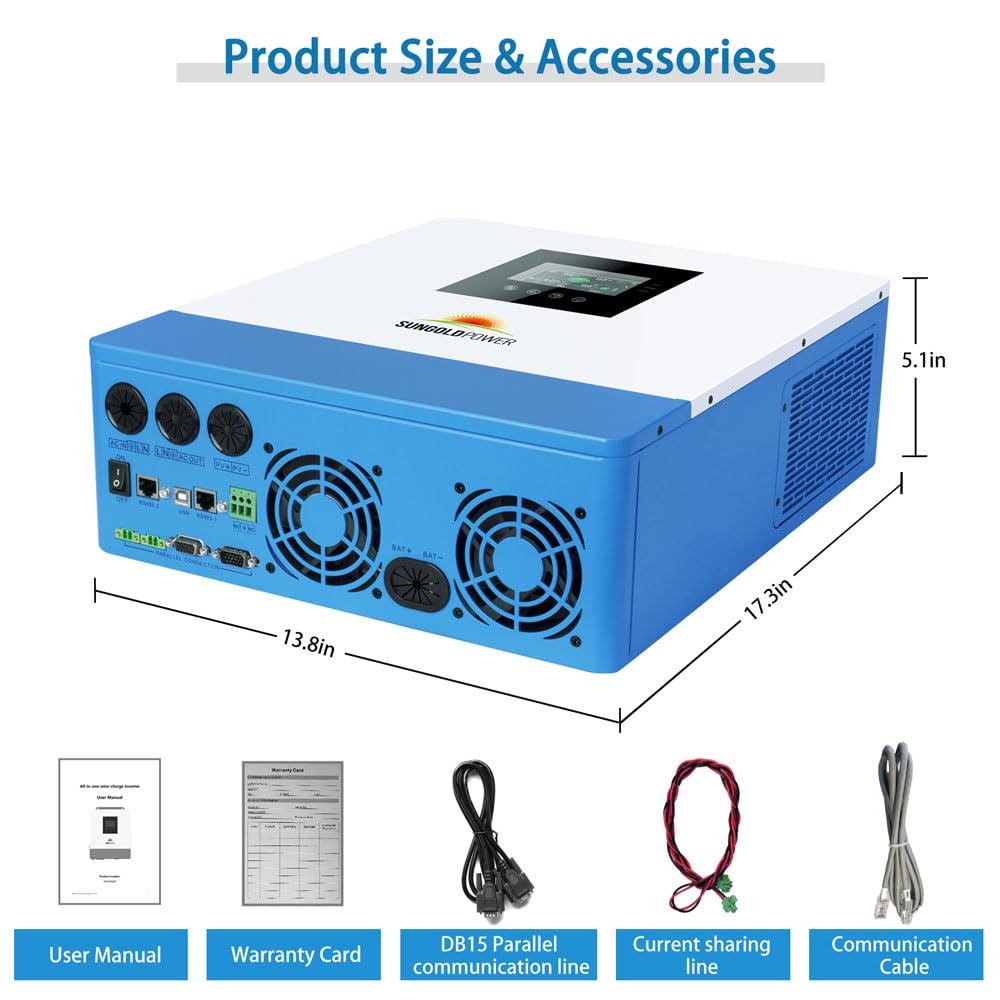 SUNGOLDPOWER UL1741 5000W 48V Solar Inverter Pure Sine Wave, 120Vac AC Input/Output,All in One, 100A MPPT Solar Charger and 40A AC Battery Charger SPH5048P(Parallel&Batteryless&Comm)