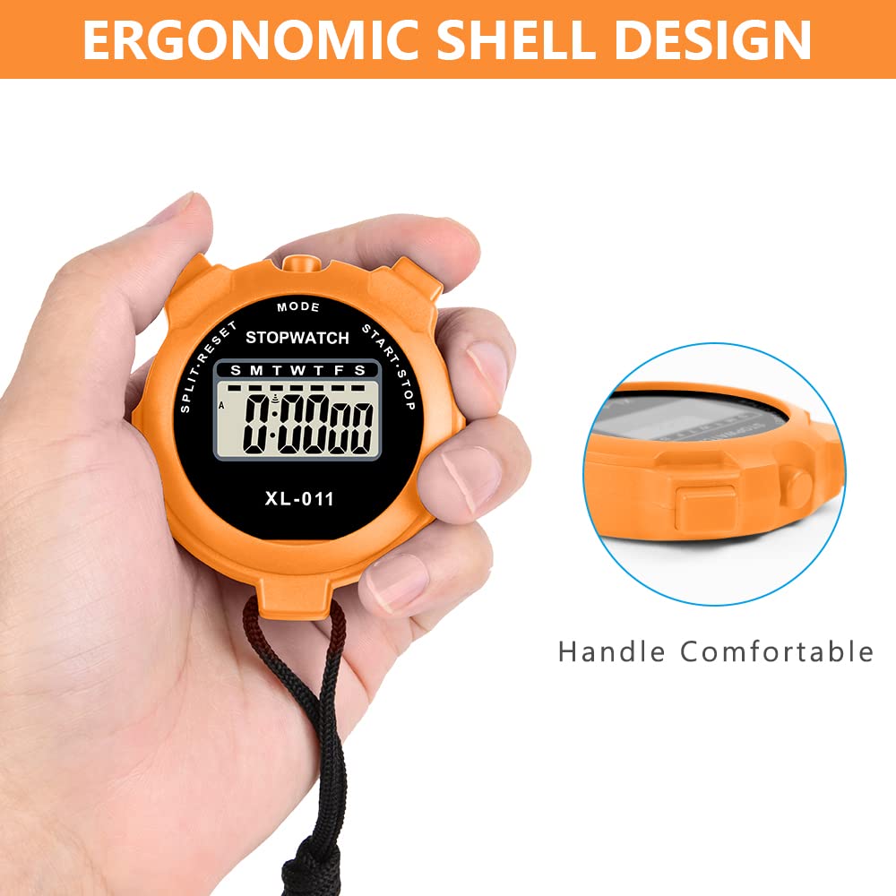 Vicloon Digital Simple Stopwatch - Large Display, Single Lap Split, 12/24 Hour Clock Alarm Date for Coaches, Kids' Training, Swimming, Running (Orange)