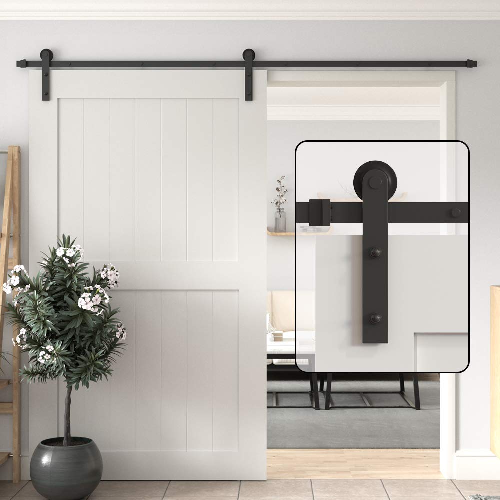 WINSOON 8FT Barn Door Hardware Kit: Single Sliding Door Hardware - Heavy Duty Black Barn Doors Track Kit - Carbon Steel Sliding Barn Doors Rail - J-Shape Easy to Install for 53" Closet Panel(No Door)