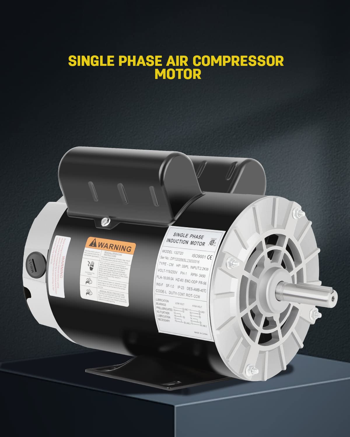 3 HP SPL Air Compressor Motor, 3450 RPM Electric Motor, 115/230V, 18/9A Single Phase, 56 Frame 5/8" Keyed Shaft, Commercial-Duty CCW Rotation, 1.88" Shaft Length for Air Compressors