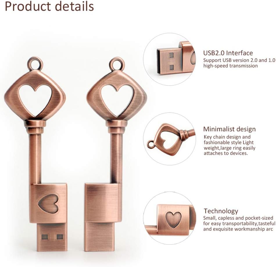BORLTER CLAMP 64GB BorlterClamp USB Flash Drive Cute Memory Stick Heart Key Shaped Thumb Drive with Gift Box