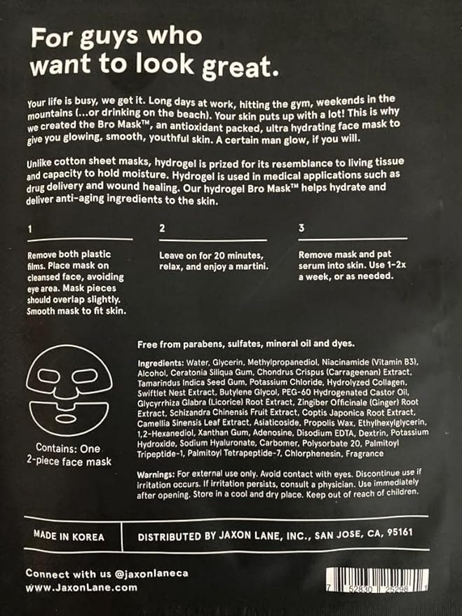 BRO MASK Korean Face Mask for Men: Premium Mens Face Mask Skin Care & Facial Anti Aging Sheet Masks with Hydrogel, Vitamin C & E, Hydrating Hyaluronic Acid & Hydrolyzed Collagen (4 Pack)