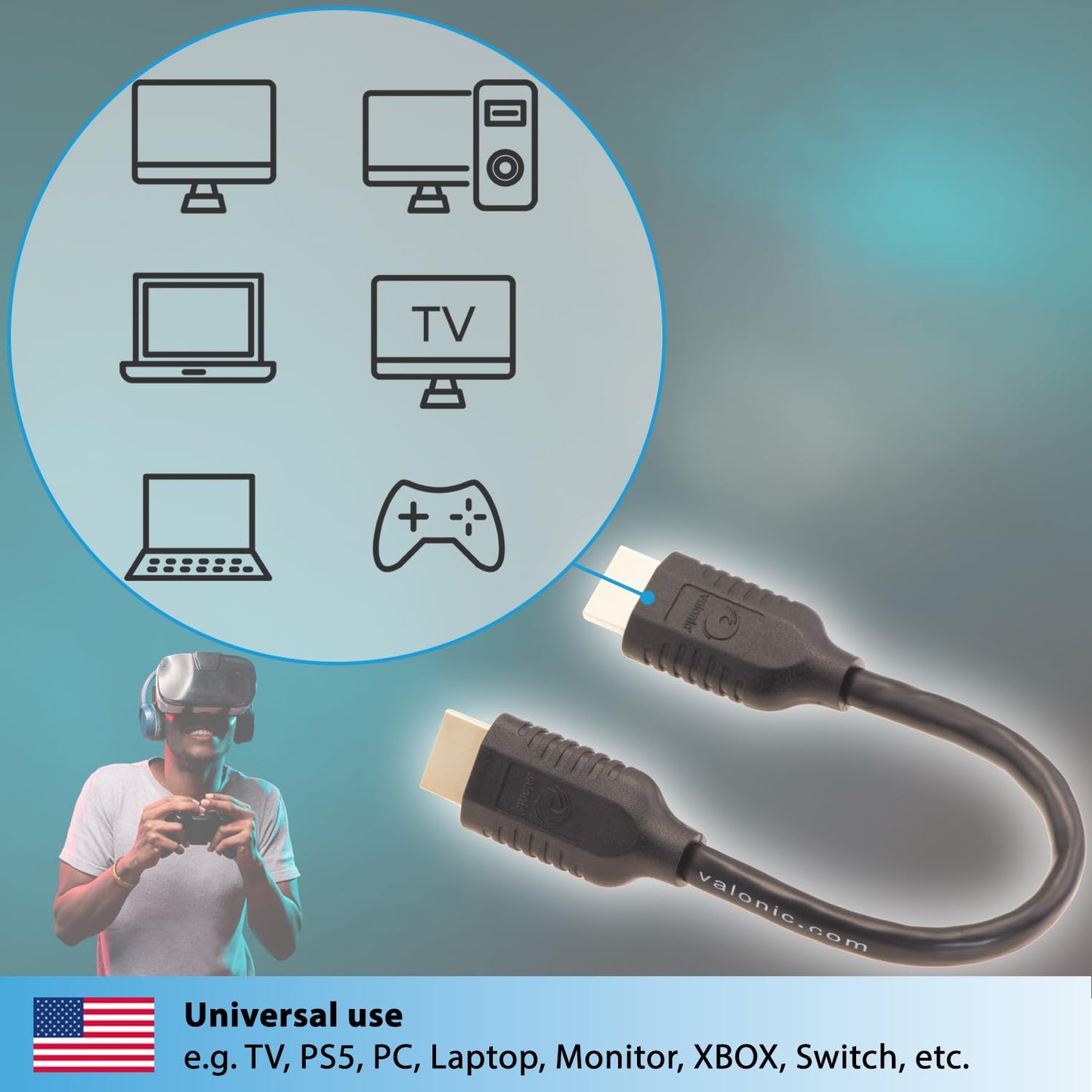 0.6 4k, PS5, PS4, valonic Short HDMI Cable - ft, high Speed, Ultra HD, ethernet - Compatible with Nintendo, TV, Xbox