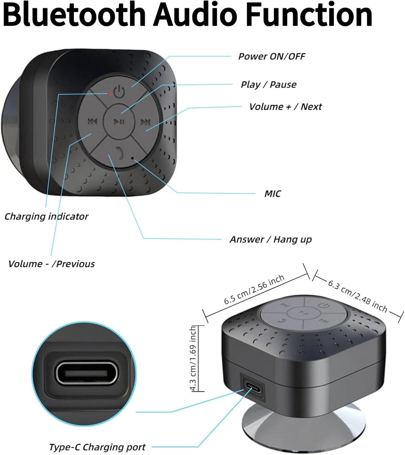 Densleonis Portable Bluetooth Shower Speaker, Wireless Water-Resistant Speaker with Suction Cup Bathroom Speaker