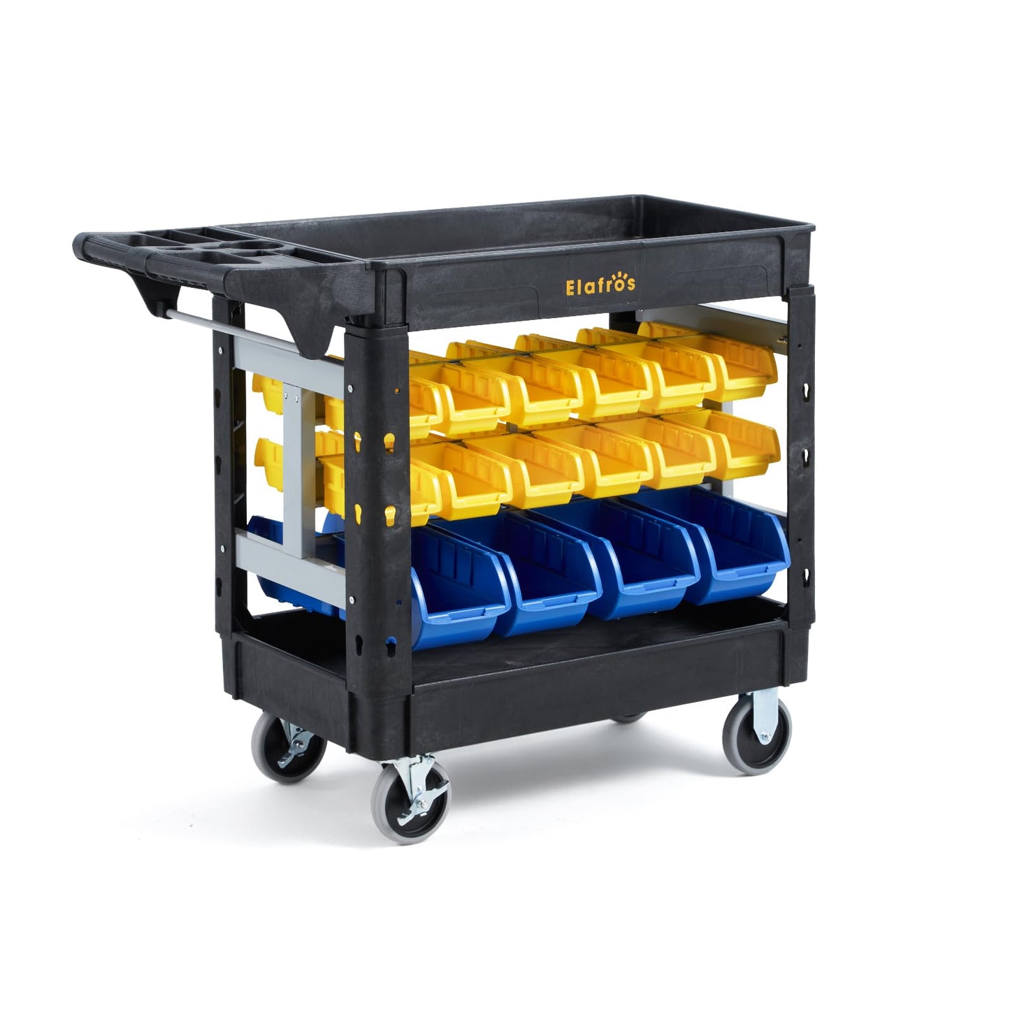 Elafros 2-Tier Utility Cart with 32 Storage Bins – Heavy-Duty Rolling Service Cart with Deep Tub Shelves, Locking Wheels, 550 lbs Capacity, 40.7"x17", for Workshop, Garage, Office