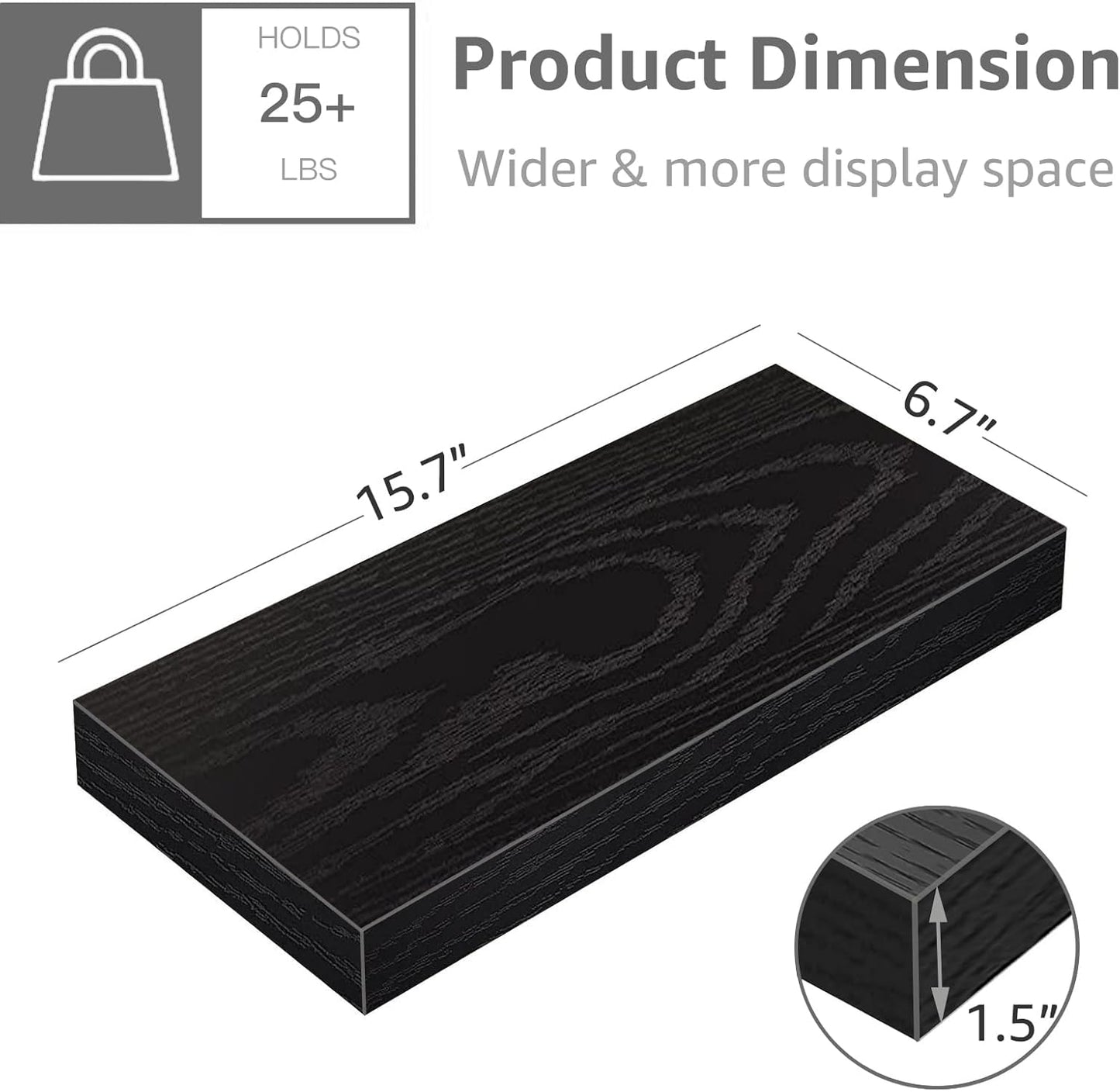 QEEIG Floating Shelves - Stylish Wall Storage for Bathroom, Bedroom & Kitchen - Set of 3, 16 Inch, Black