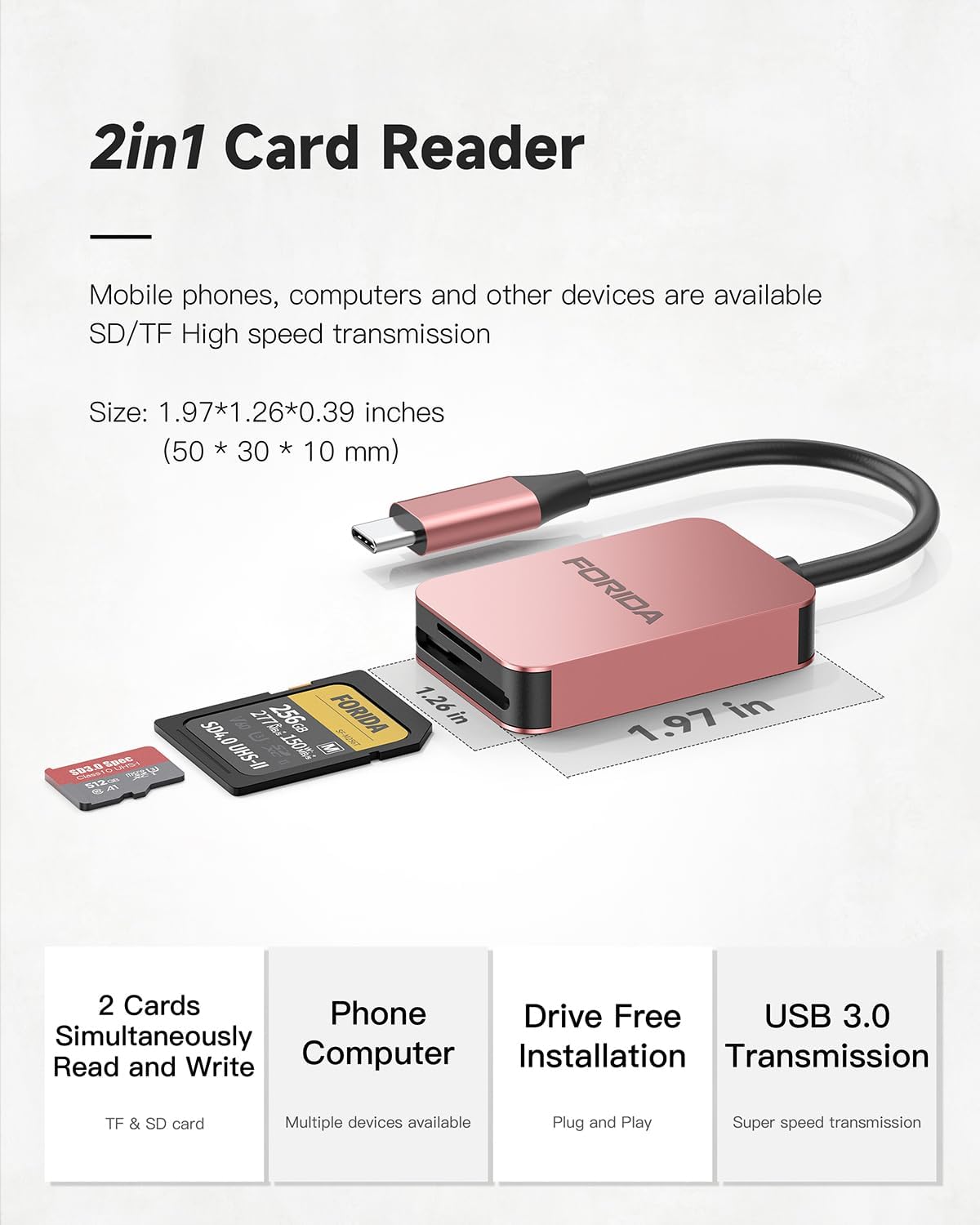 FORIDA 2 1 3.0 SD Card Reader, in Micro SD Card Reader USB C High Speed Dual Card Adapter for iPhone/iPad/MacBook/Mac