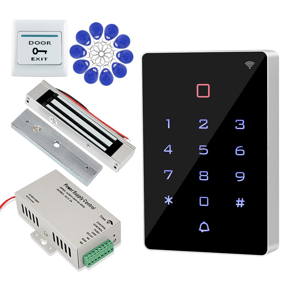 This WiFi-Enabled Graffiti Access Control System Features a Complete Waterproof RFID keypad, a 180kg/350lb electromagnetic Lock, a DC12V/3A Power Supply, an exit Button, and 10 125kHz Key Tags.