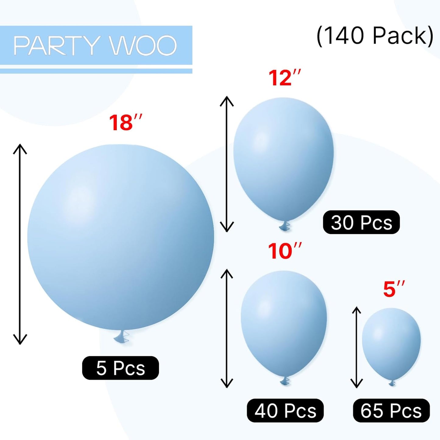 PartyWoo Light Blue Balloons - 140-Piece Pastel Balloon Arch Kit for Graduation & Baby Showers | 5-18 Inch Sizes
