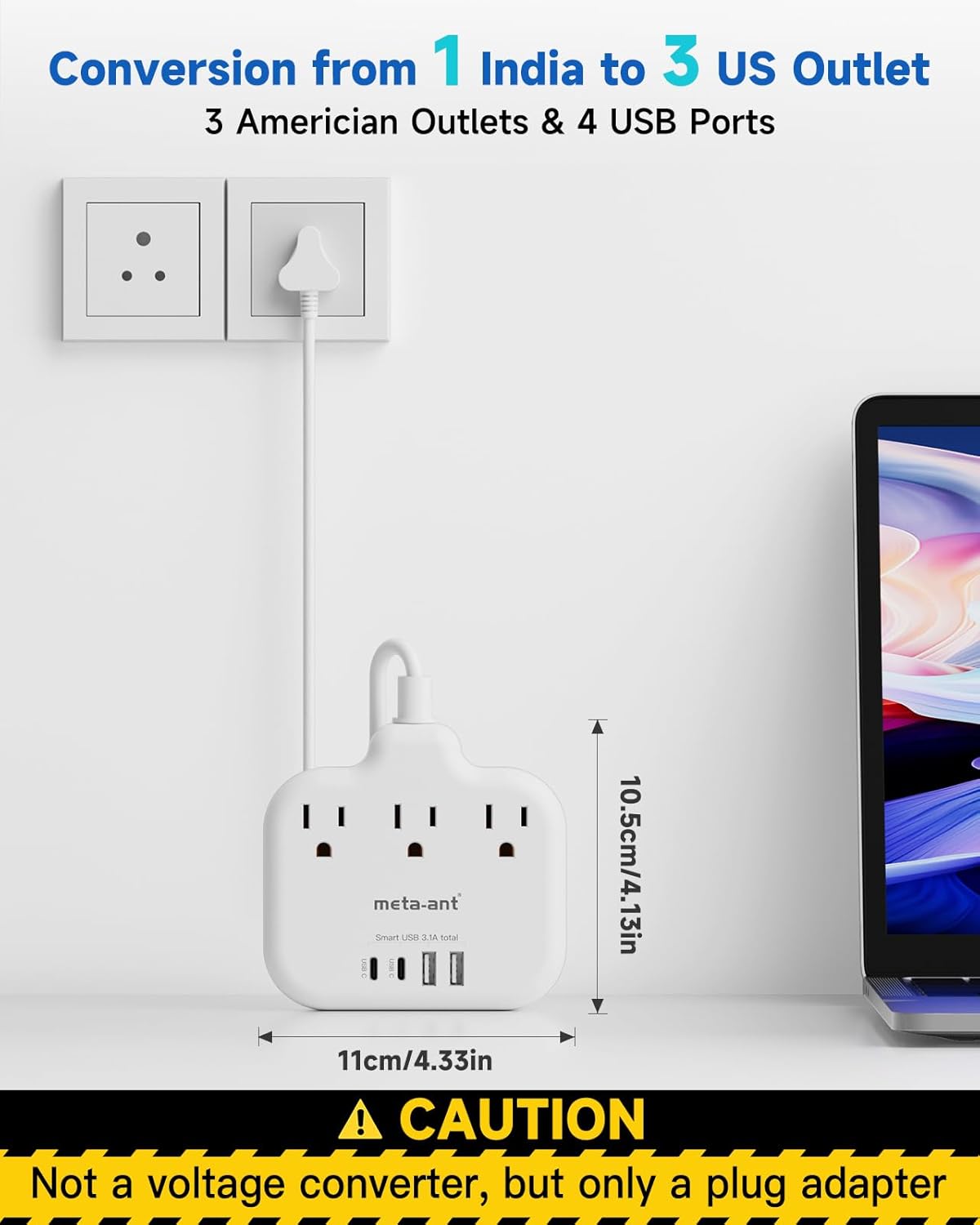 meta-ant 3 4 Ports(2 5FT US to India Plug Adapter, India Power Adapter with American Outlets USB Charger USB C), India