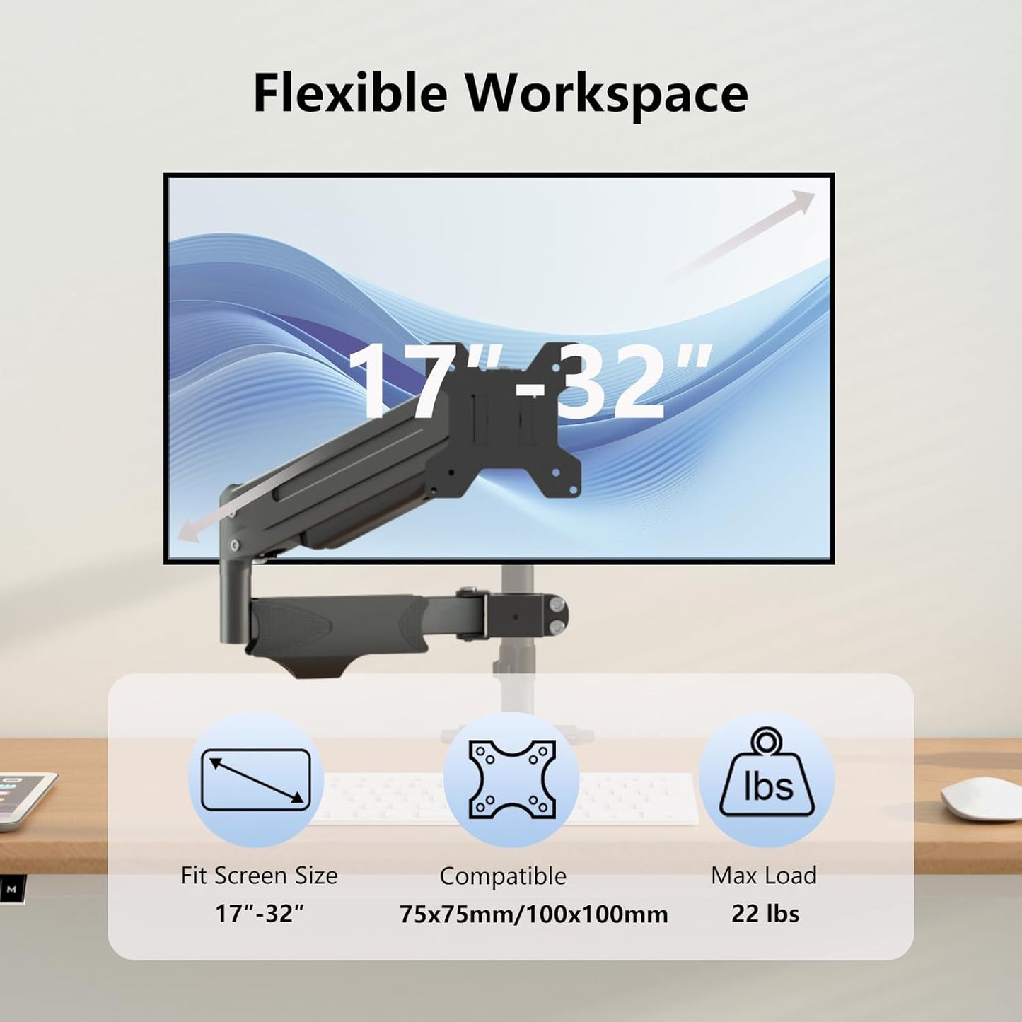 17 32 inch 22lbs, 75x75mm 100x100mm,Pneumatic suptek Single Monitor Arm for Desk Mount Stand,Adjustable Monitor Arm