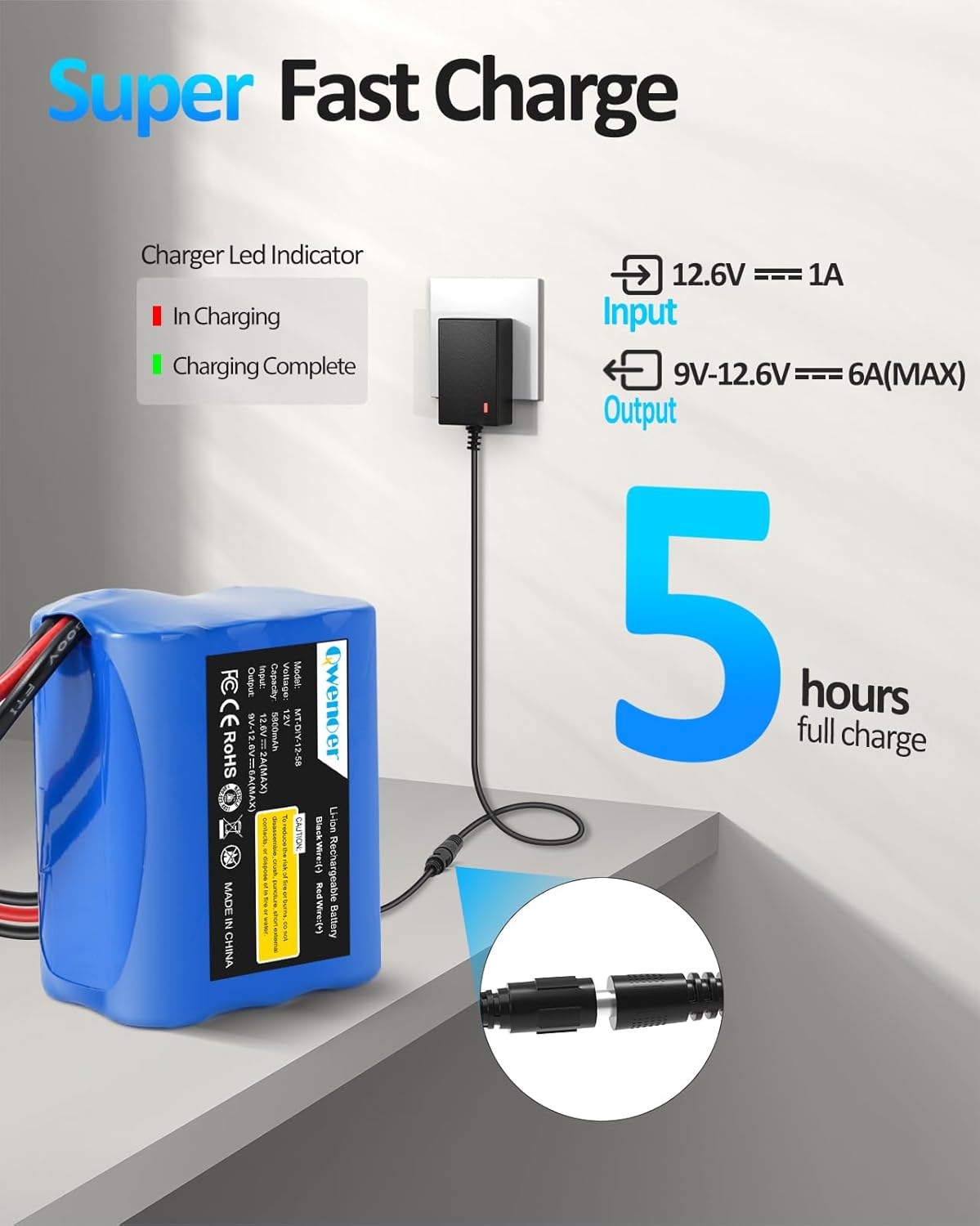 Qwenoer 5800mAh 12V 12V Pack 12 12Volt 12 Lithium Battery, Battery with Volt Battery Charger and Bare Leads Wire