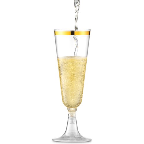 Munfix 100 Pack Gold Plastic Champagne Flutes, 5 Oz Clear Plastic Toasting Glasses Fancy Disposable Wedding Party Cocktail Cups with Gold Rim