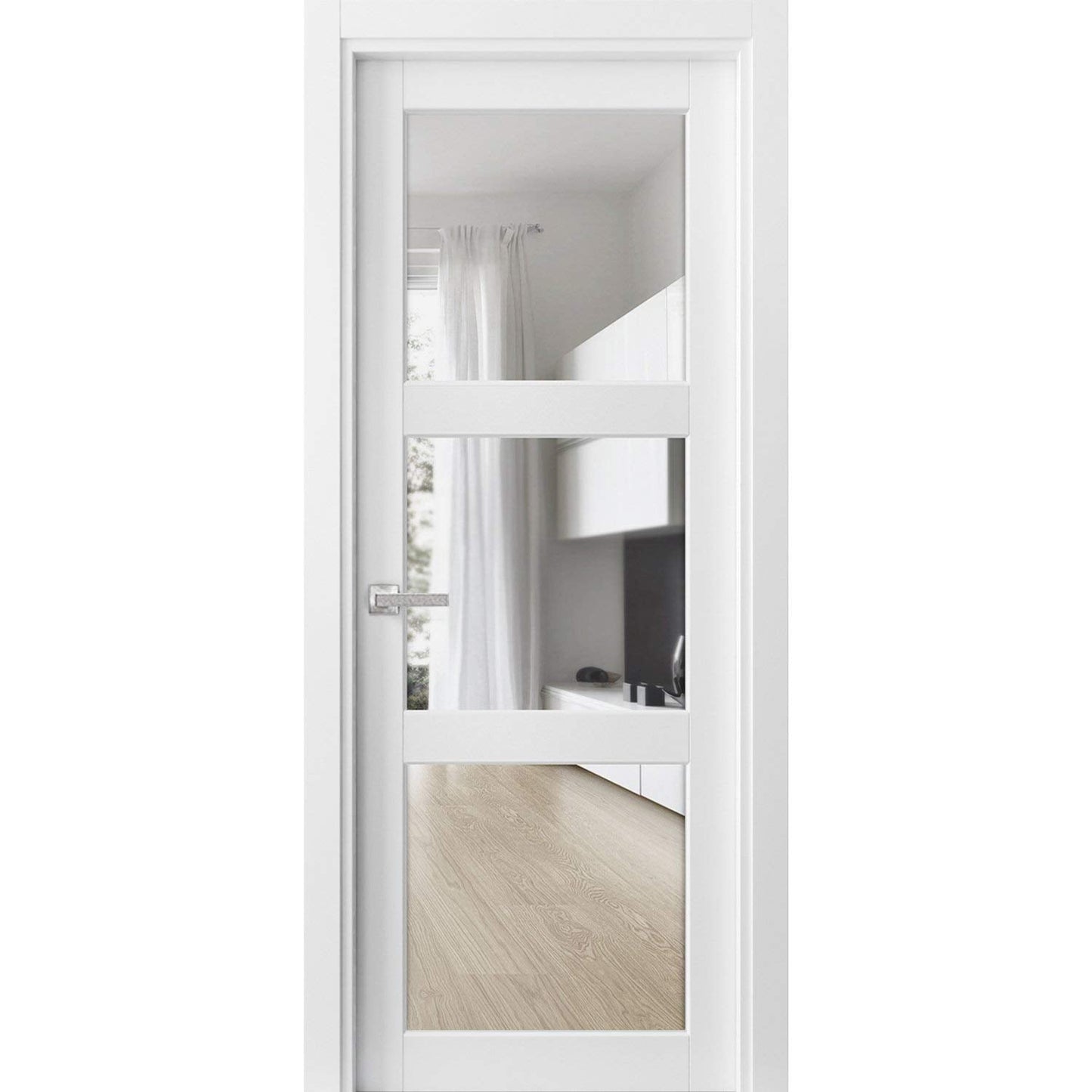 SARTODOORS Solid French Door Clear Glass 3 Lites 32x96 inches | Lucia 2555 Matte White | Single Regular Panel Frame Trims Handle | Bathroom Bedroom Sturdy Doors