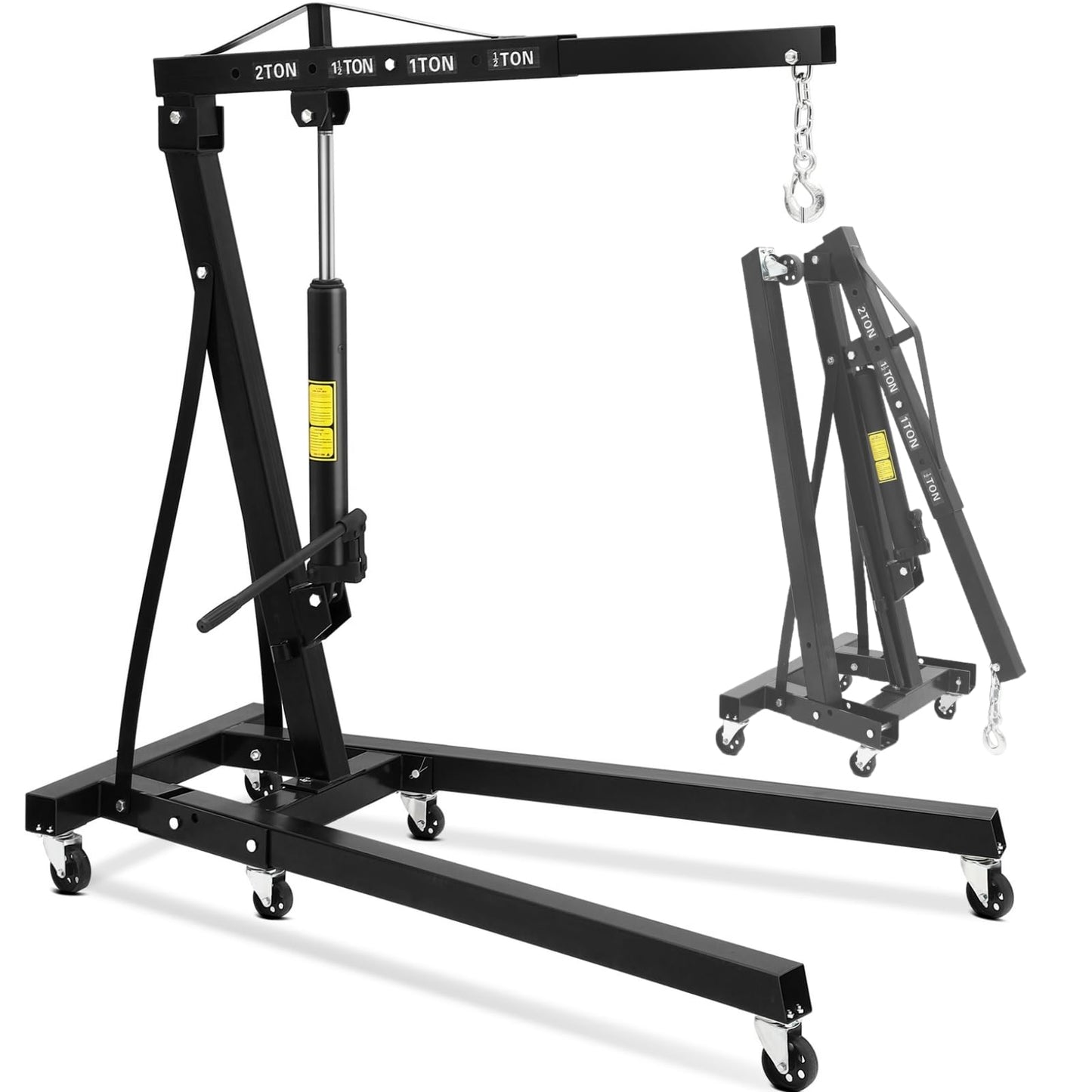 2 Ton Folding Engine Crane, 4400 Lbs Hydraulic Cherry Picker, Engine Hoist with 6 Casters and Telescopic Boom for Garage, Workshop and Warehouse Lifting, Heavy-Duty, Black
