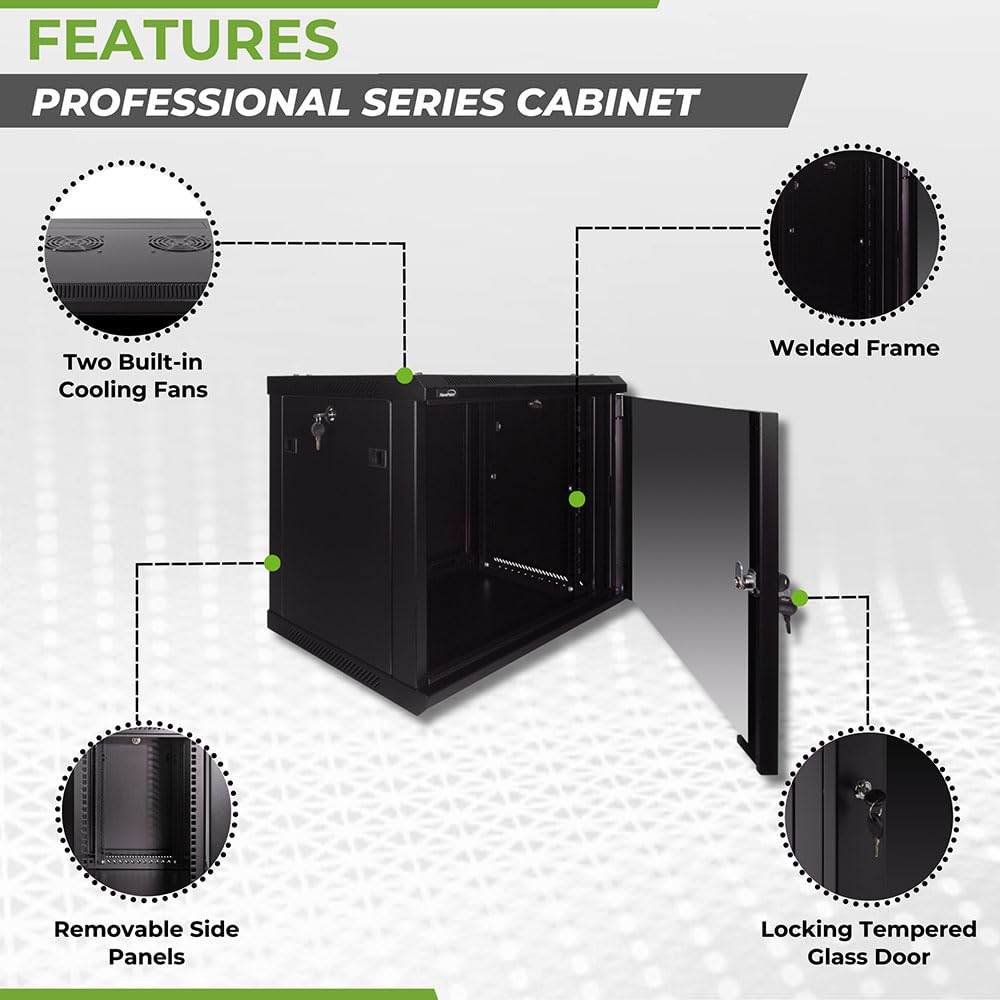NavePoint 9U Server Rack Enclosure - 17.7” Deep, Wall Mount Network Cabinet with Locking Glass Door for 19” IT Equipment, Network Rack with 2 Fans, Removable Side Panels, Black