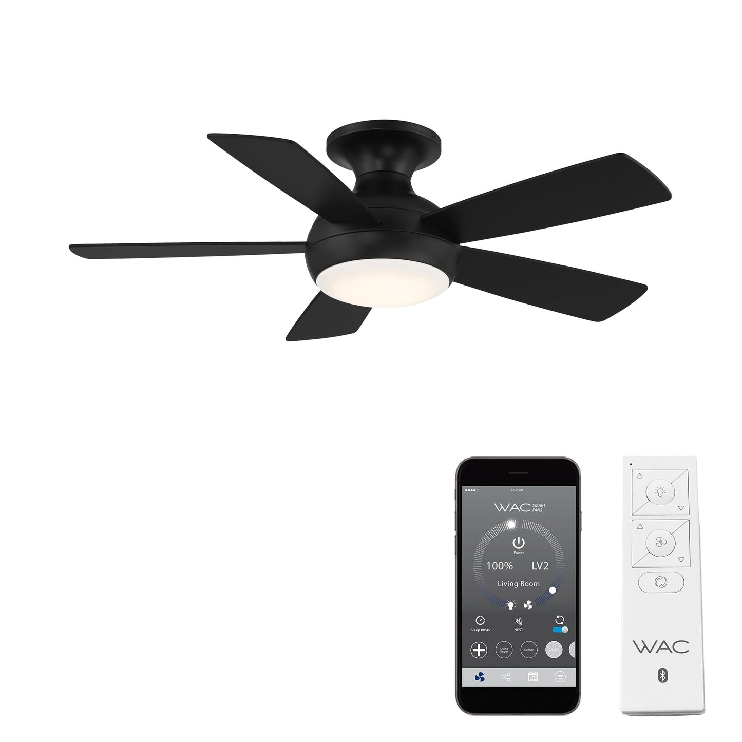 WAC Lighting F-034L-MB Odyssey 44" Hugger Ceiling Fan with LED Lights & Remote, Matte Black
