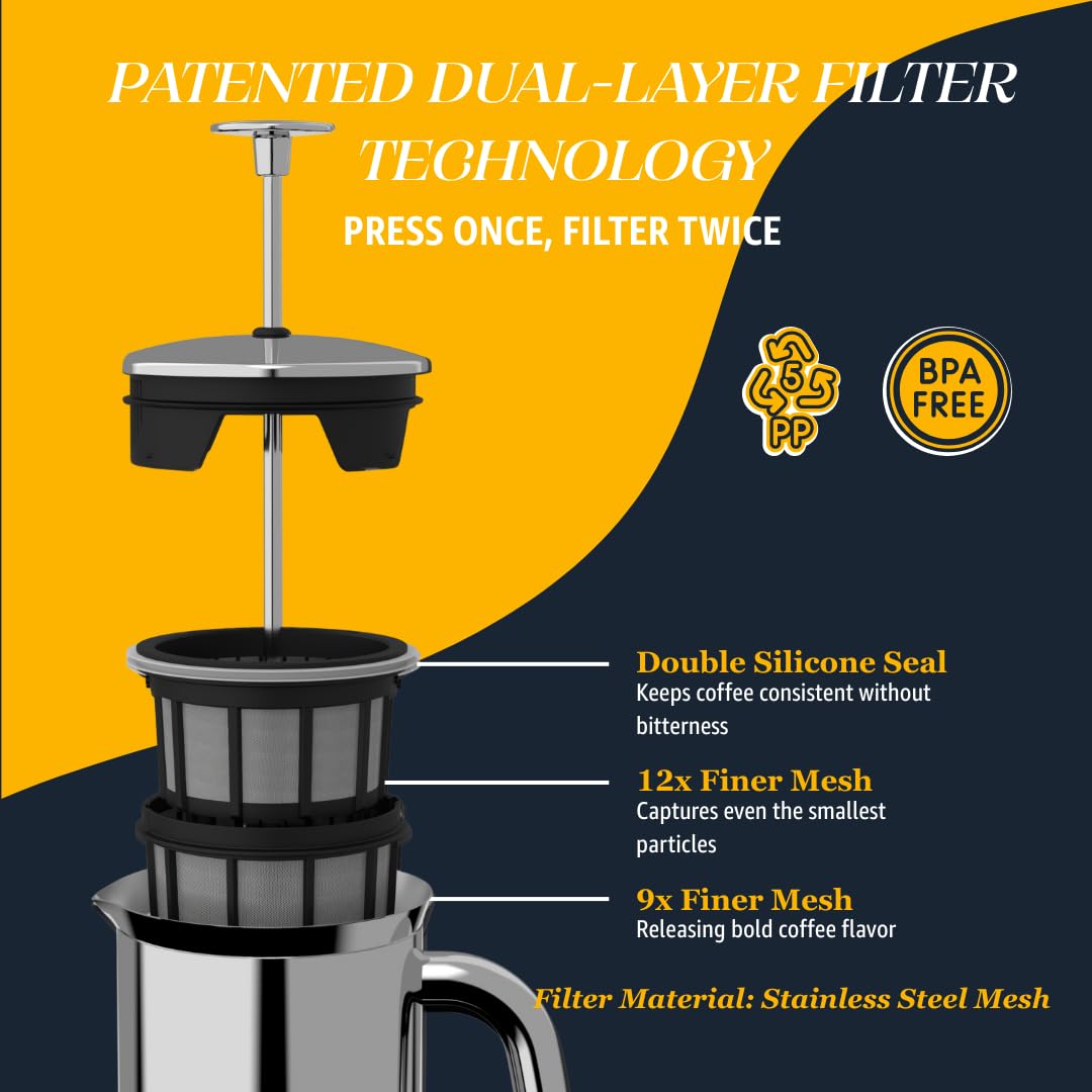 ESPRO Pro P7 French Press Stainless Steel 304 - Patented Double Micro-Filter for Grit-Free Coffee, Double Wall Insulated Coffee Maker, Plastic-Free & Heat Resistant - Polished 32oz