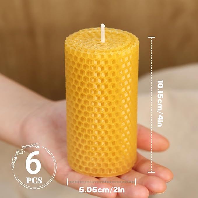 6 Packs Natural Beeswax Candles, Hand Rolled Honeycomb Beeswax Pillar Candles, Pure Bee Wax Gifts for Candle Lovers,Home Decor, Air Purify (2x4 in)