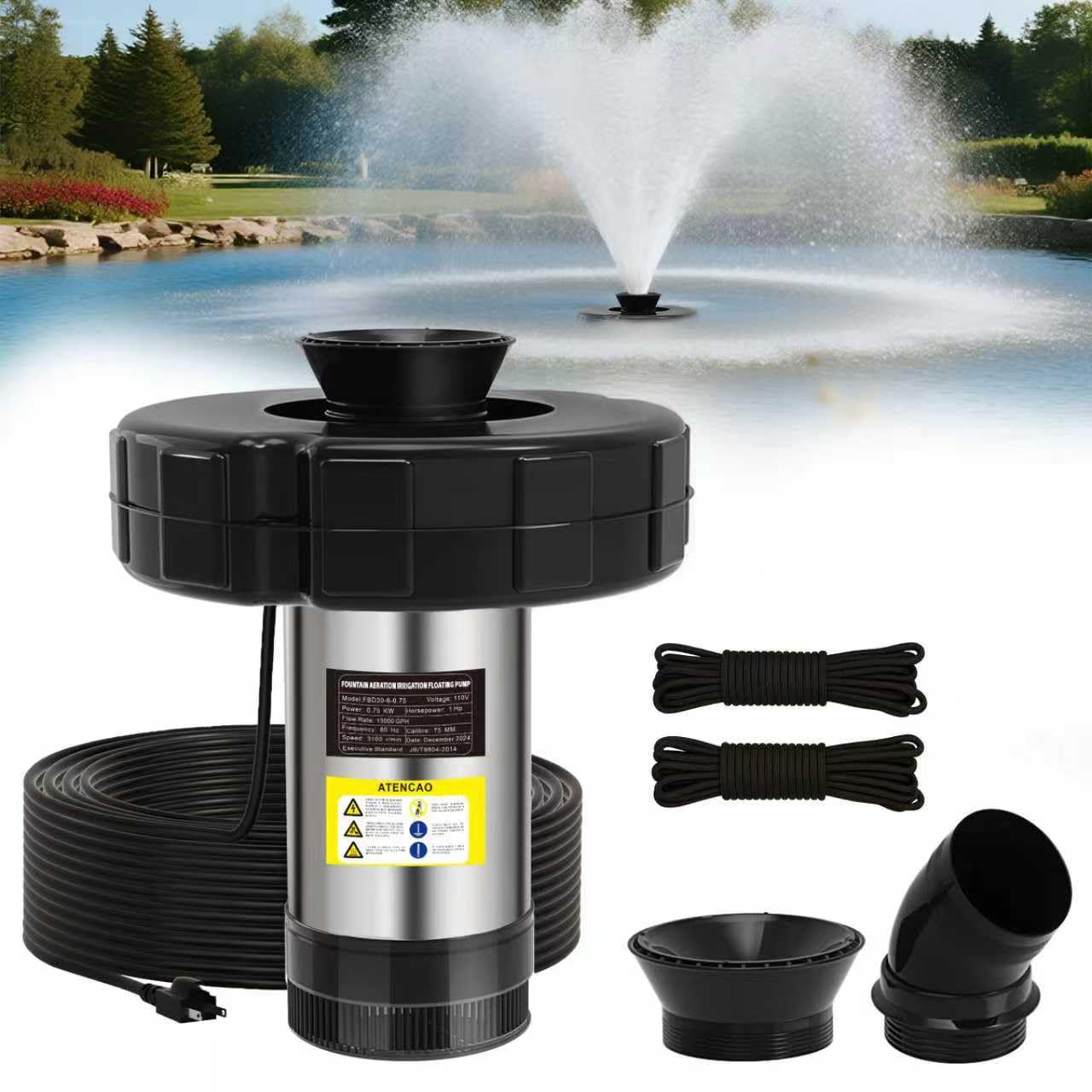 KYZDZQ 15000 GPH Pond Fountain Aerator, 110V,Floating Pond Fountain Pump with Stainless Steel Body, Pond Aerator Pump for Small & Large Ponds and Lakes (Black)