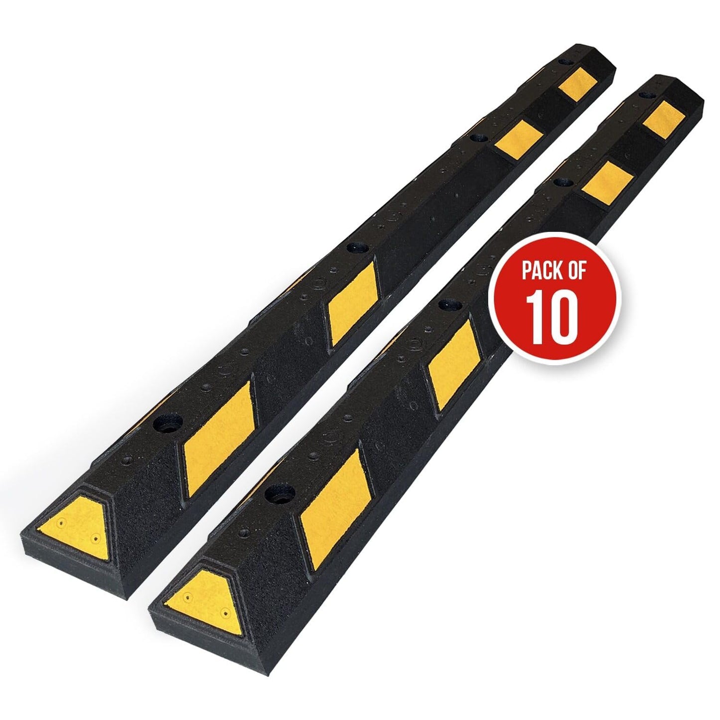SmartSign Rubber Parking Curb, (Pack of 10) Heavy Duty Parking Stops with Yellow Reflective Stripe Chevrons, 72" Long (6ft), Wheel Stops for Parking Lots/Garage/Cars/Trucks, Pre-Drilled Holes