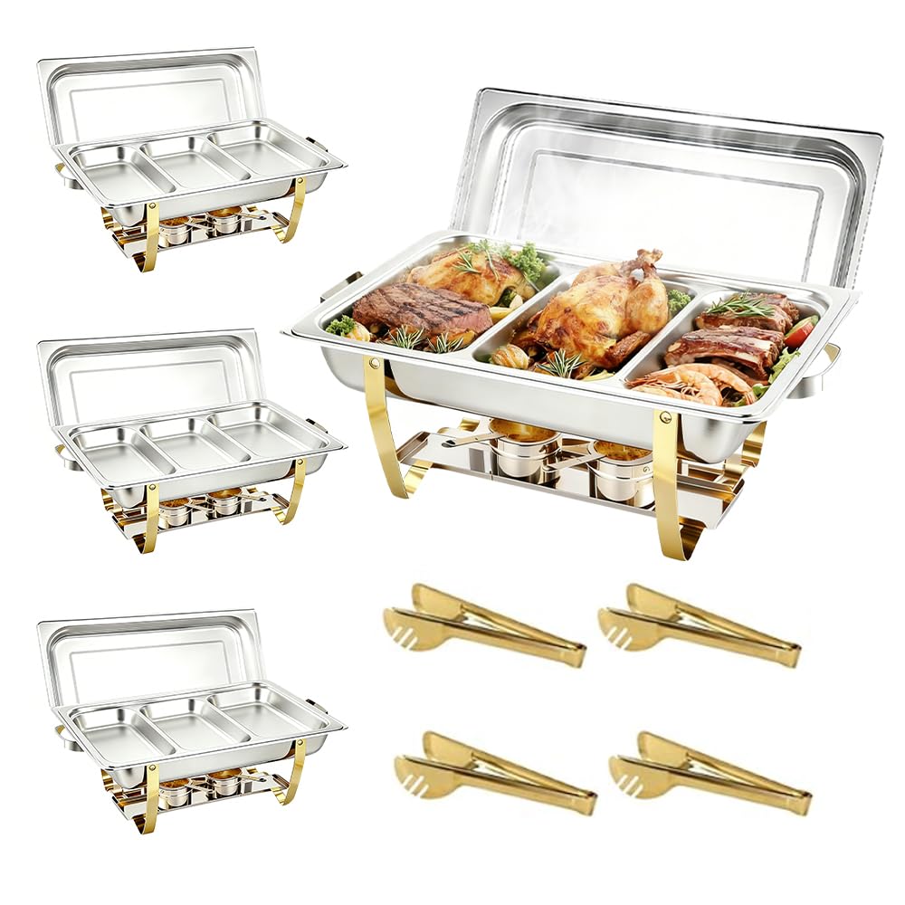 Stelora Chafing Dishes for Buffet, 9 Qt High Grade Chafing Dish Buffet Set, Rolled-Edge Design Food Warmers for Parties, Buffet, Wedding, Birthday, Camping 4 Pack 12 Pans (Silver)