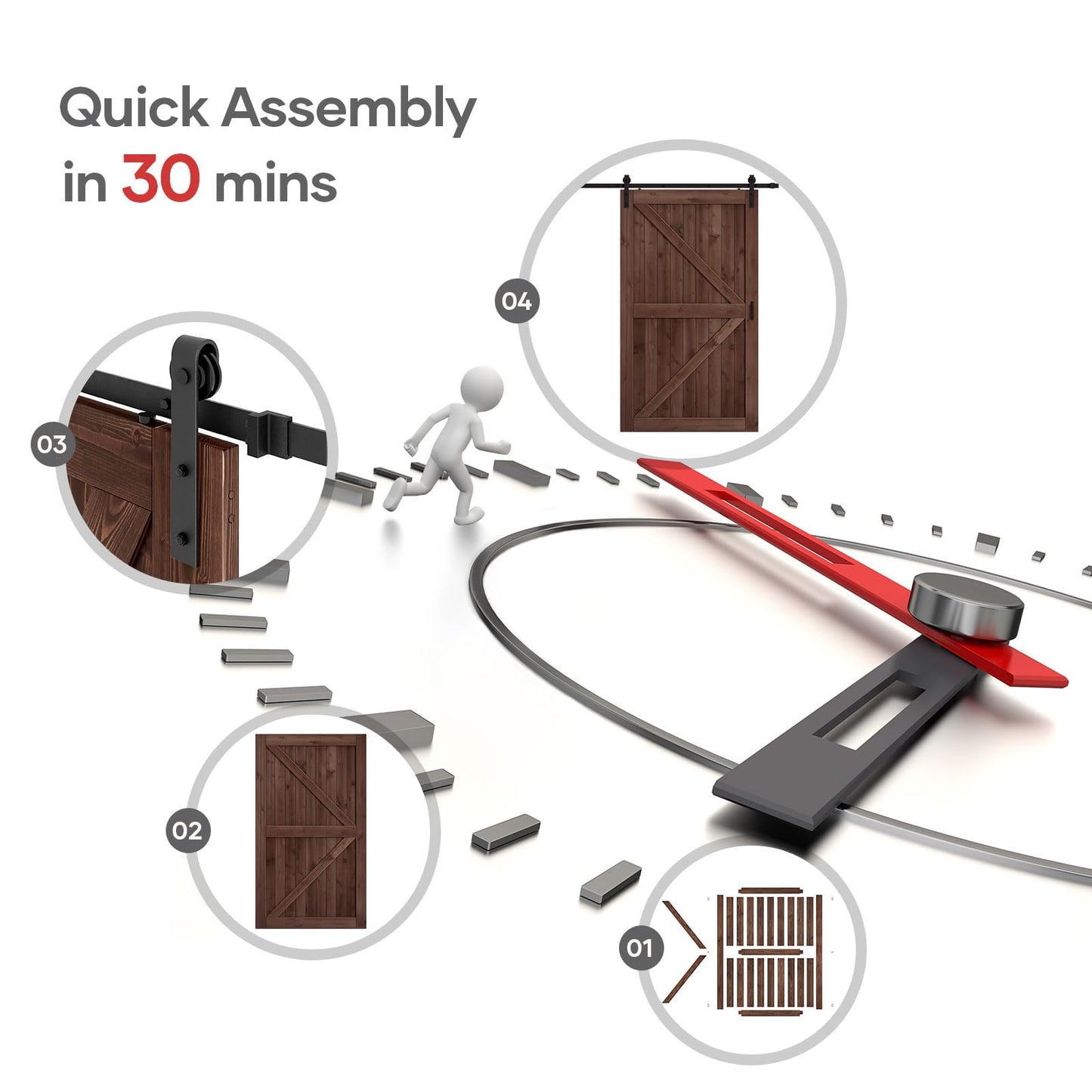 ROYMELO 48x96 inch Sliding Barn Wood Door Slab with 8ft Hardware Kit and Handle, Coffee, K Shape, Simple DIY Assembly