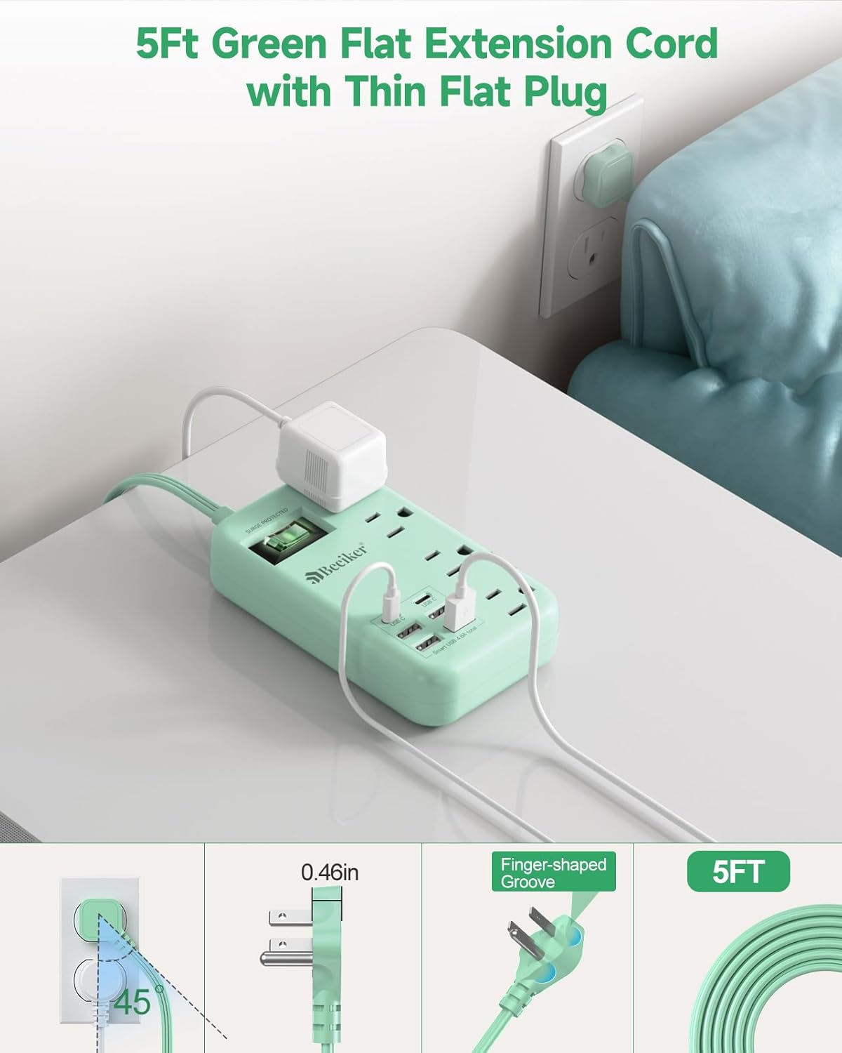 Beeiker 6 5Ft 4.8A 2 4 24W USB Green Travel Power Strip- Green Extension Cord with USB C Charging Station and Outlets