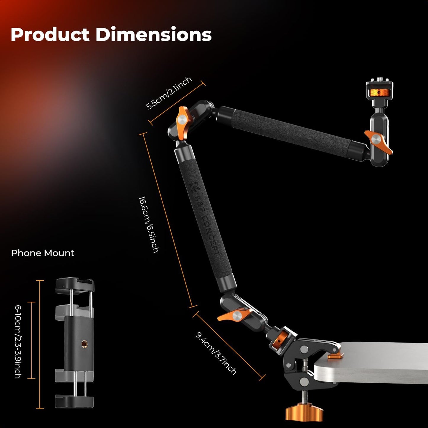 K&F CONCEPT 22" Magic Arm Clamp Kit, Overhead Desk Camera Mount, Long Articulating Friction Boom Arm for Phone, Action