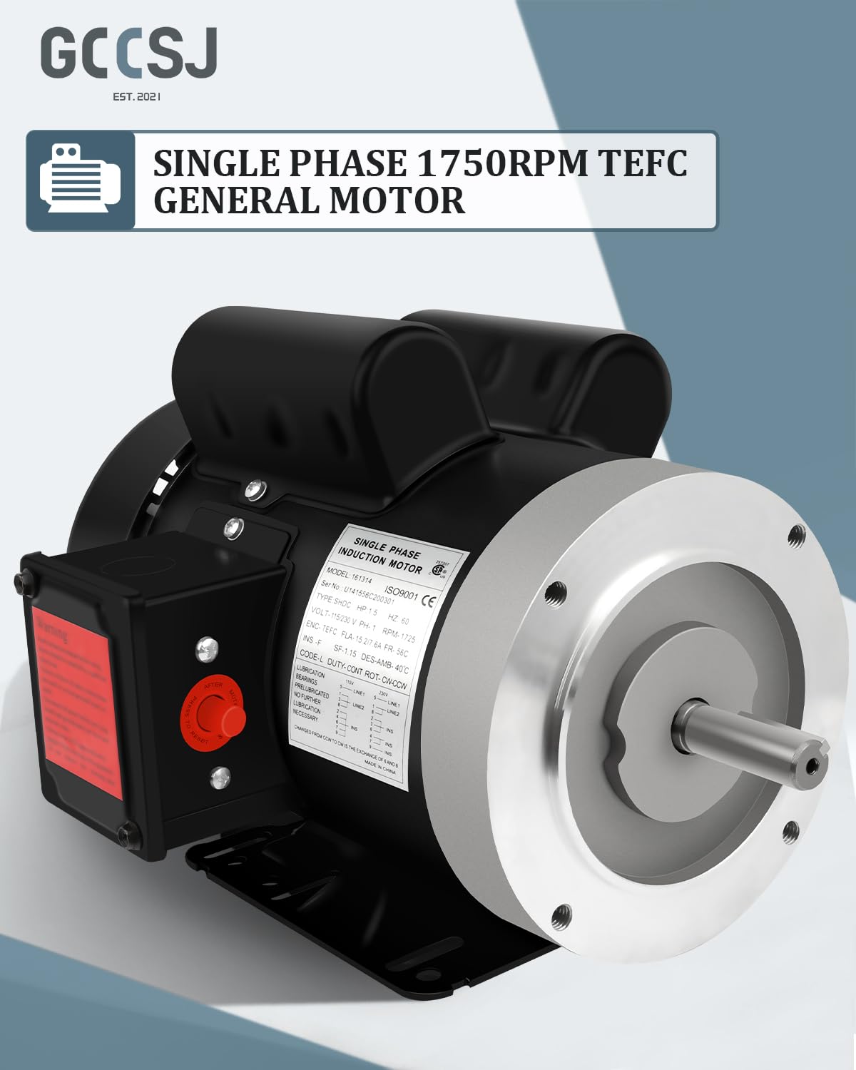 Electric Motor, 1.5HP Air Compressor Motor, Single Phase Motor 1750RPM 56C 115/230V 5/8" Shaft Diameter CW/CCW TEFC IP55 60HZ