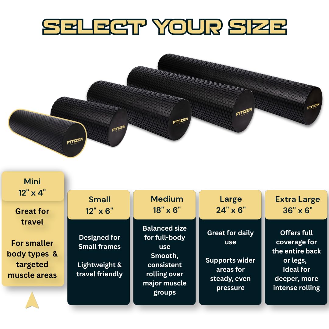 Fitizen Foam Roller for Muscle Massage, Stiff Back Pain Relief, Physical Therapy, Deep Tissue, Exercise Equipment for Home Gym, Stress, Yoga, Pilates for the Fit Citizen (Black, Mini 12 x 4 Inches)