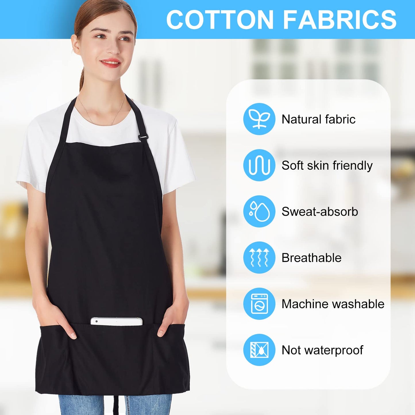 Jubatus 2 Pack 3 Pockets 100% Cotton Adjustable Bib Apron Chef Kitchen Cooking Aprons for Women Men, Black