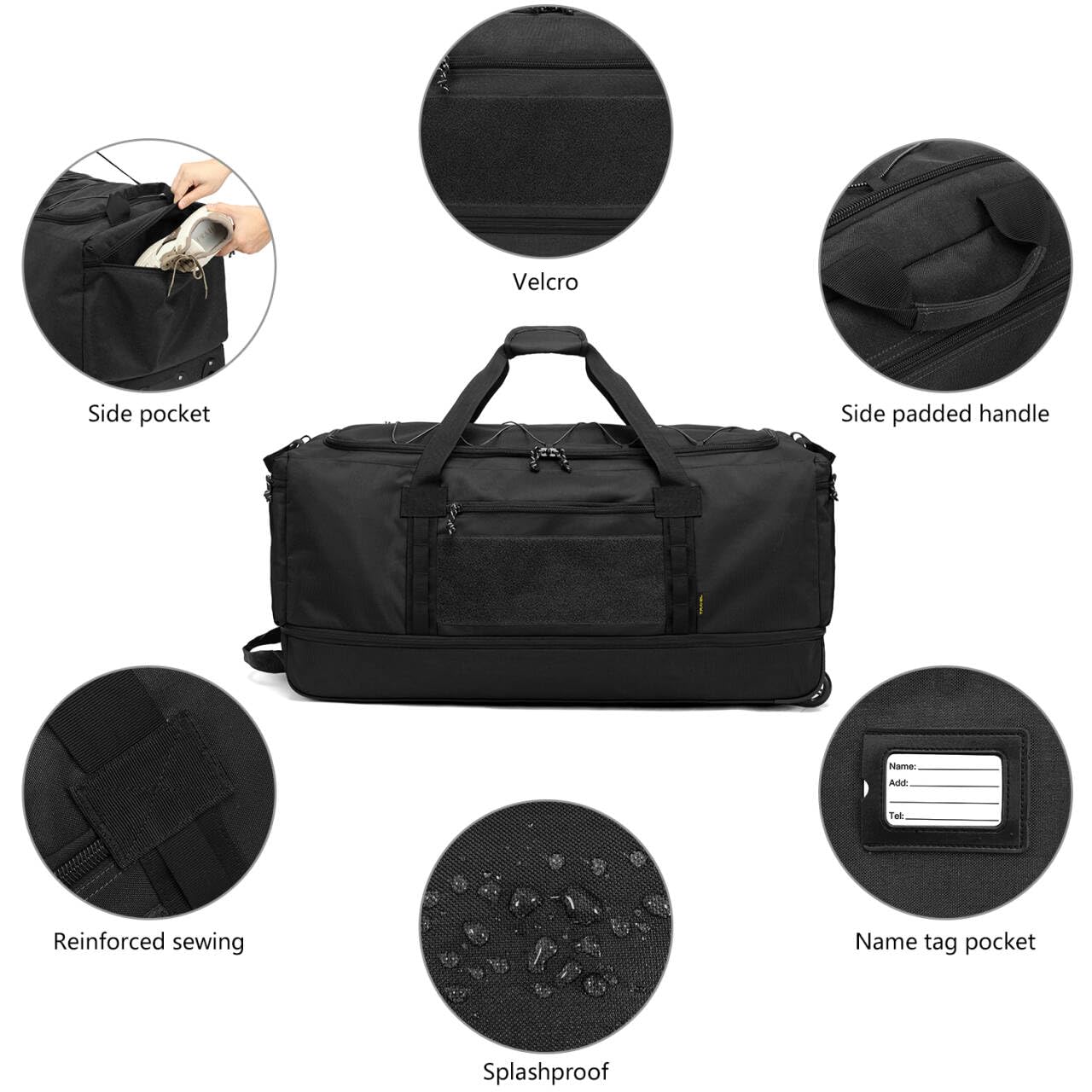 Laripwit Collapsible Duffle Bag with Wheels 130-170L Extra Large Expandable Travel Duffel Bag for Men Women Heavy Duty Military Duffle Bag for Camping Rolling Foldable Carry On Luggage, Black