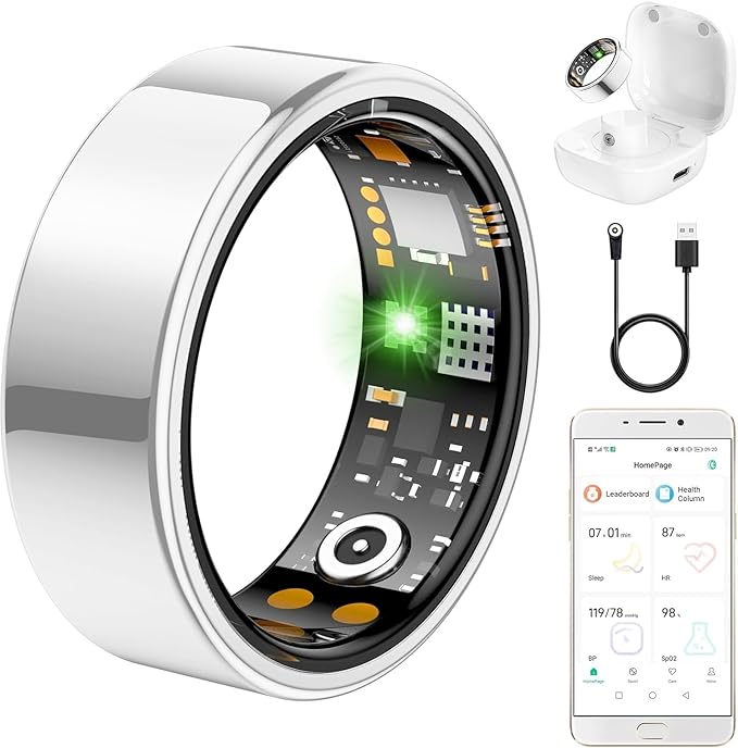 Ring Health Tracker for Women Men, Fit Ring with Heart Rate, Blood Oxygen, Sleep Monitor, Calories, Step Counter, IP68 Waterproof Smart Ring for iPhone & Android, No Subscription Fee (Silver, 14#)