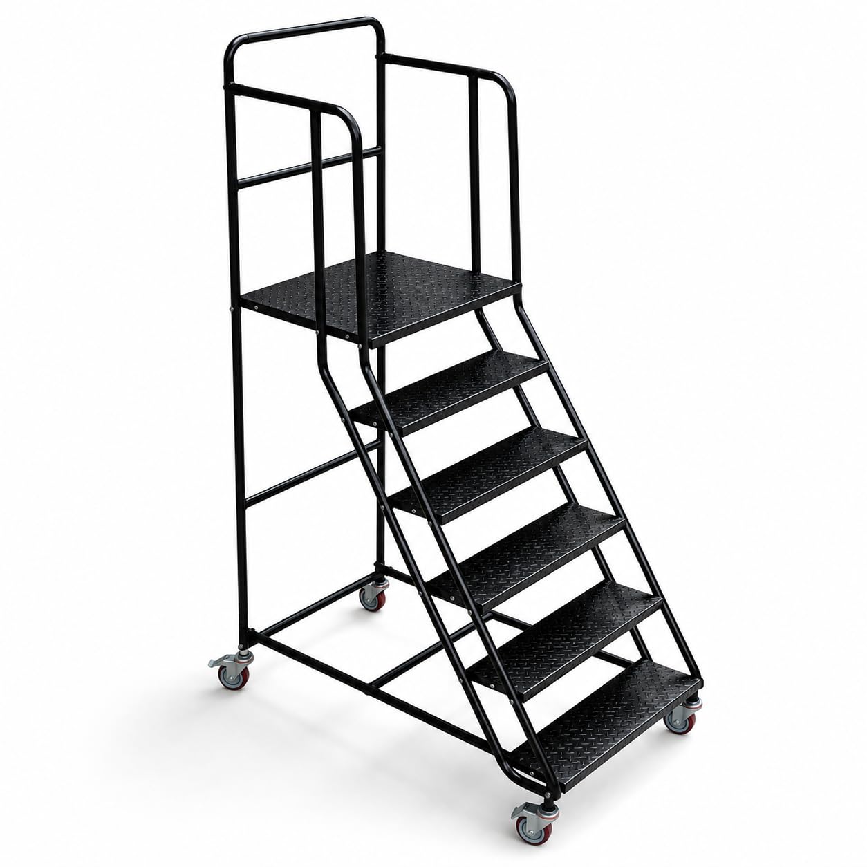 6 Step Rolling Ladder with Handrails, 880 lbs Capacity Heavy Duty Steel Mobile Warehouse Ladder with Locking Wheels, Non-Slip Rolling Stairs with Large Platform for Garage, Stockroom, Library