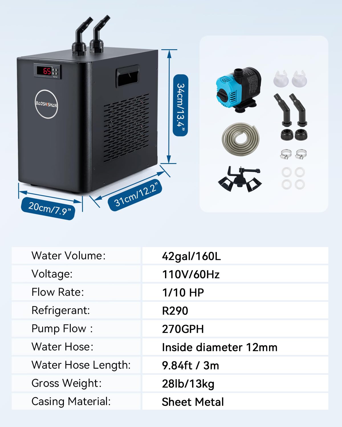 BAOSHISHAN 1/10 HP Aquarium Chiller 42 Gallon 160L Water Cooling System