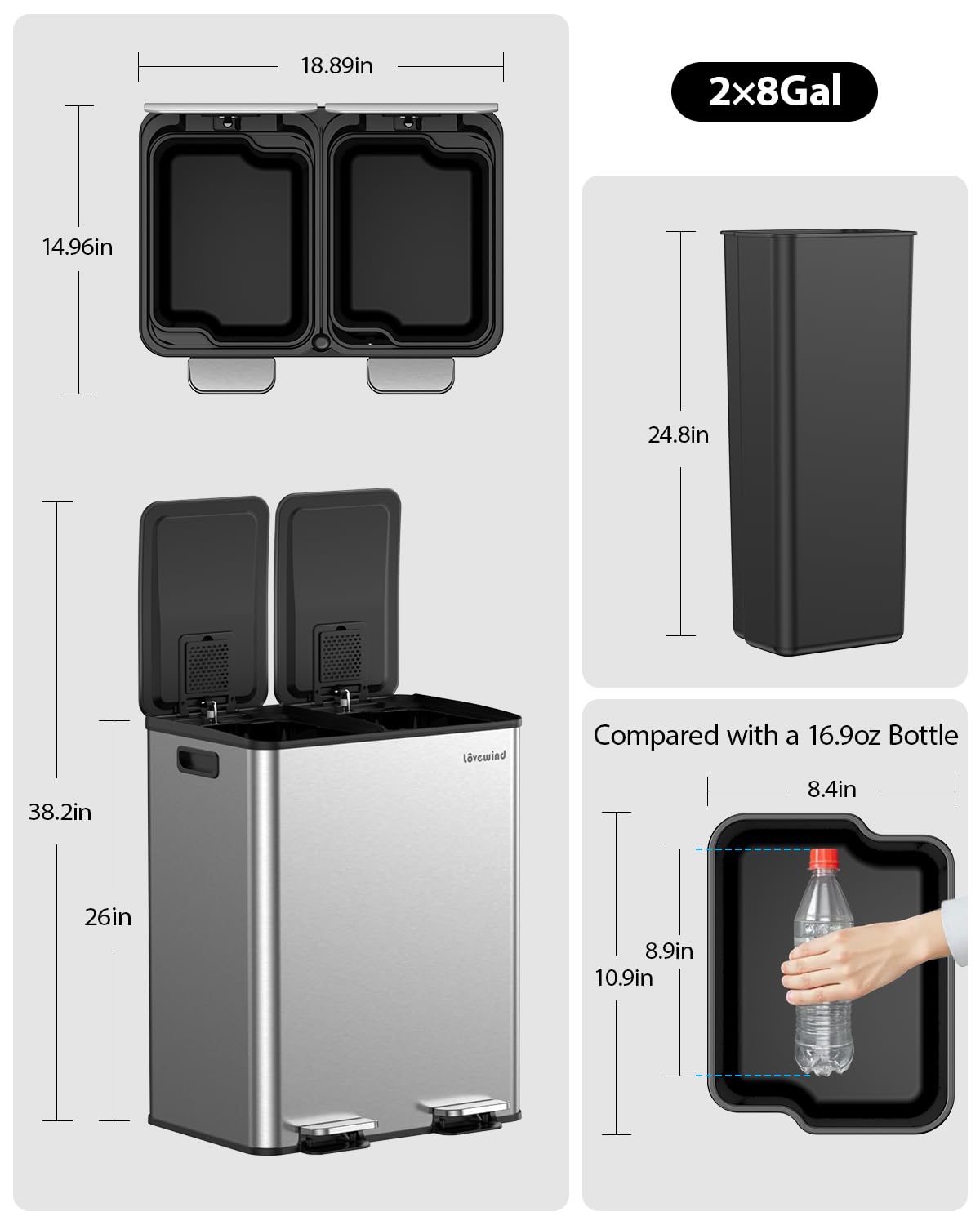 Lovewind Kitchen Trash Can, 2 x 8 Gallon (2 x 30 L) Stainless Steel Trash and Recycle Bin Combo with Soft-Close Lid, Dual Compartment Recycling Kitchen Step Trash Bin, Silver
