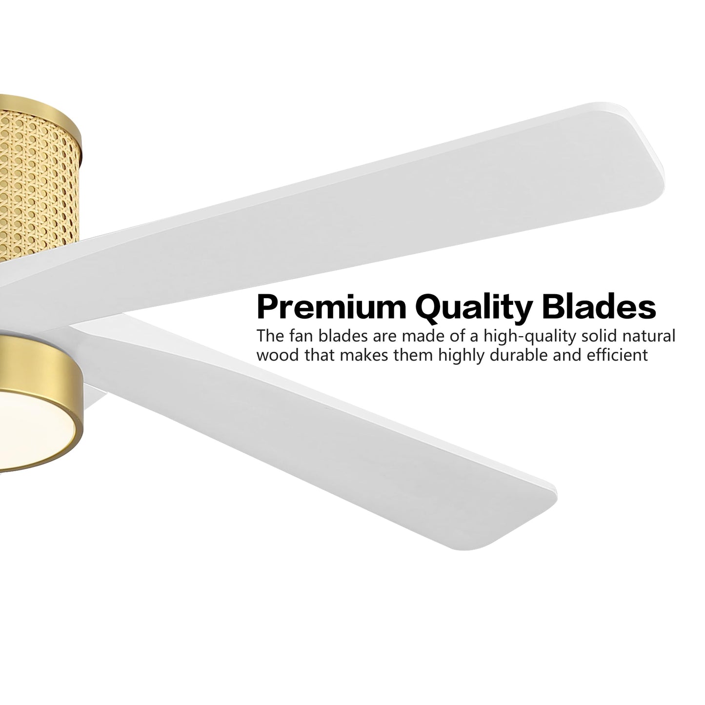 WINGBO 48 Inch Flush Mount Rattan Ceiling Fan, 3CCT Dimmable Light, 5 Carved Wood Blades, 6-Speed Reversible DC Motor, Modern Ceiling Fans for Indoor, Aged Brass Finish and White Blades