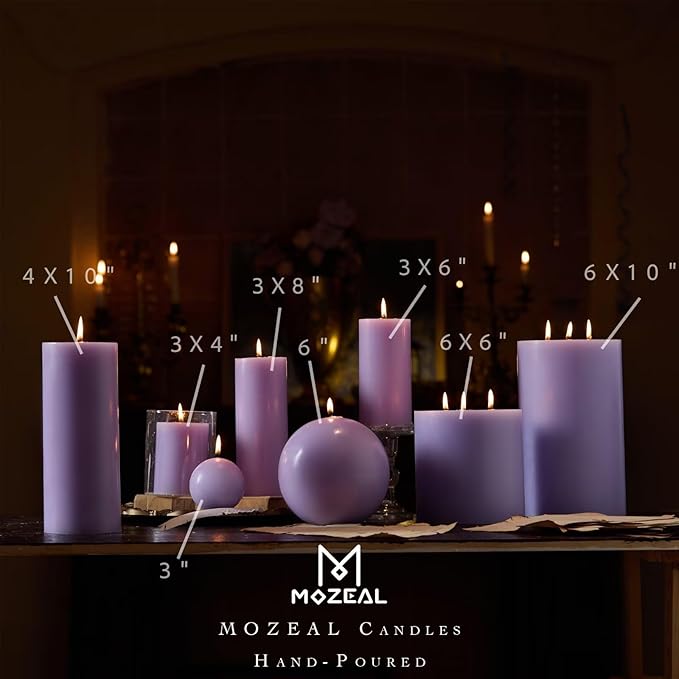 MOZEAL 3" x 4" Hand-Poured Unscented Lavender Candle, Dripless Light Purple Pillar Candle Set of 3, Long Clean Burning, Approx 72 Hours Burn Time, Rustic Country Style, Home Decor