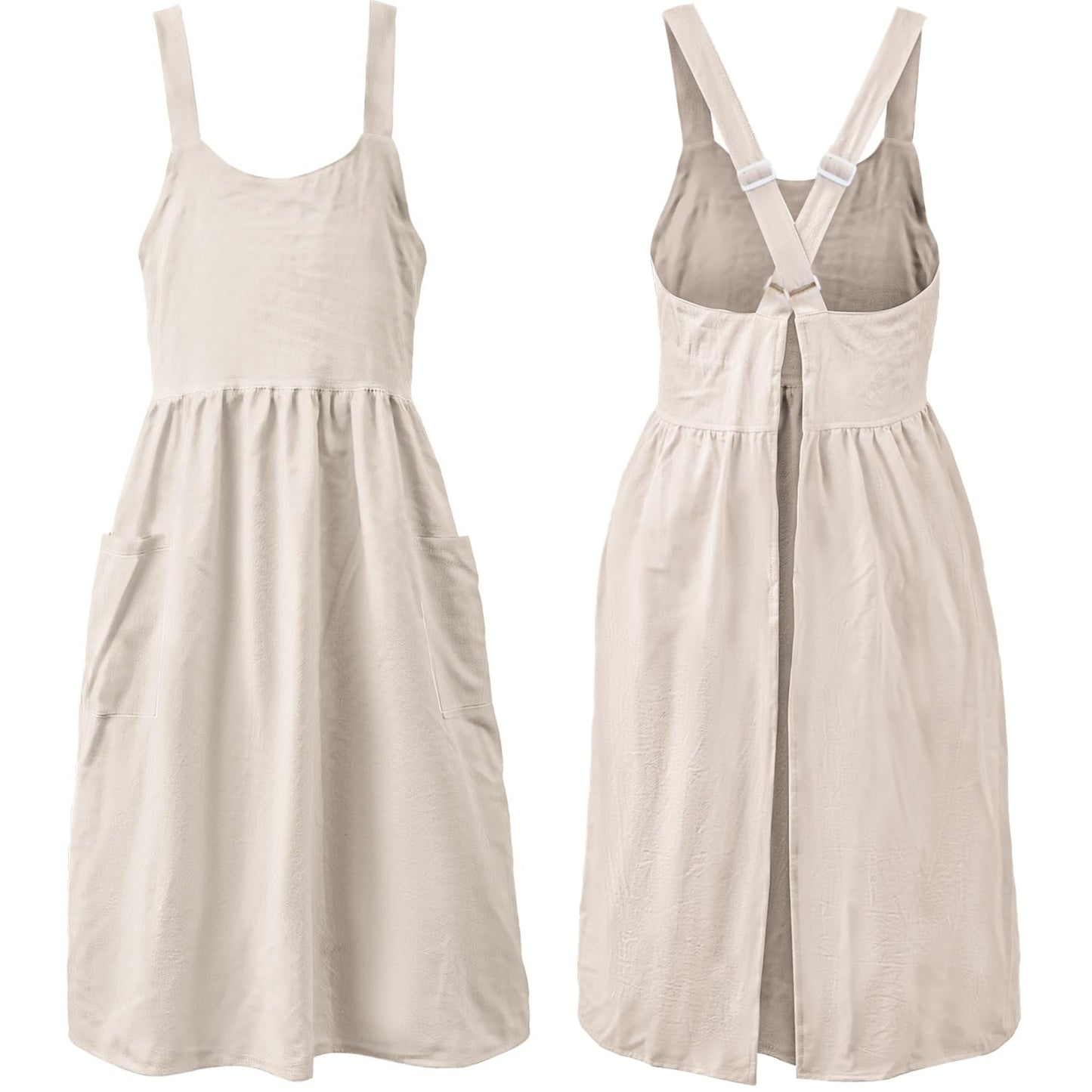 Uaussi Cotton Linen Apron Cross Back Work Apron for Women with Pockets Pinafore Dress X Cross Halter Apron for Baking Gardening