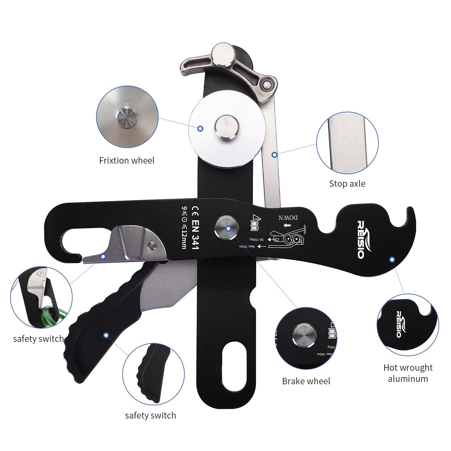 REISIO Climbing Stop Descender for 9-12mm,Self-Braking Self Locking Belay Device Rescue Equipment Hand Controls with Mountain Climbing Cave Rappelling Aerial Work Rescue Activities (Black)