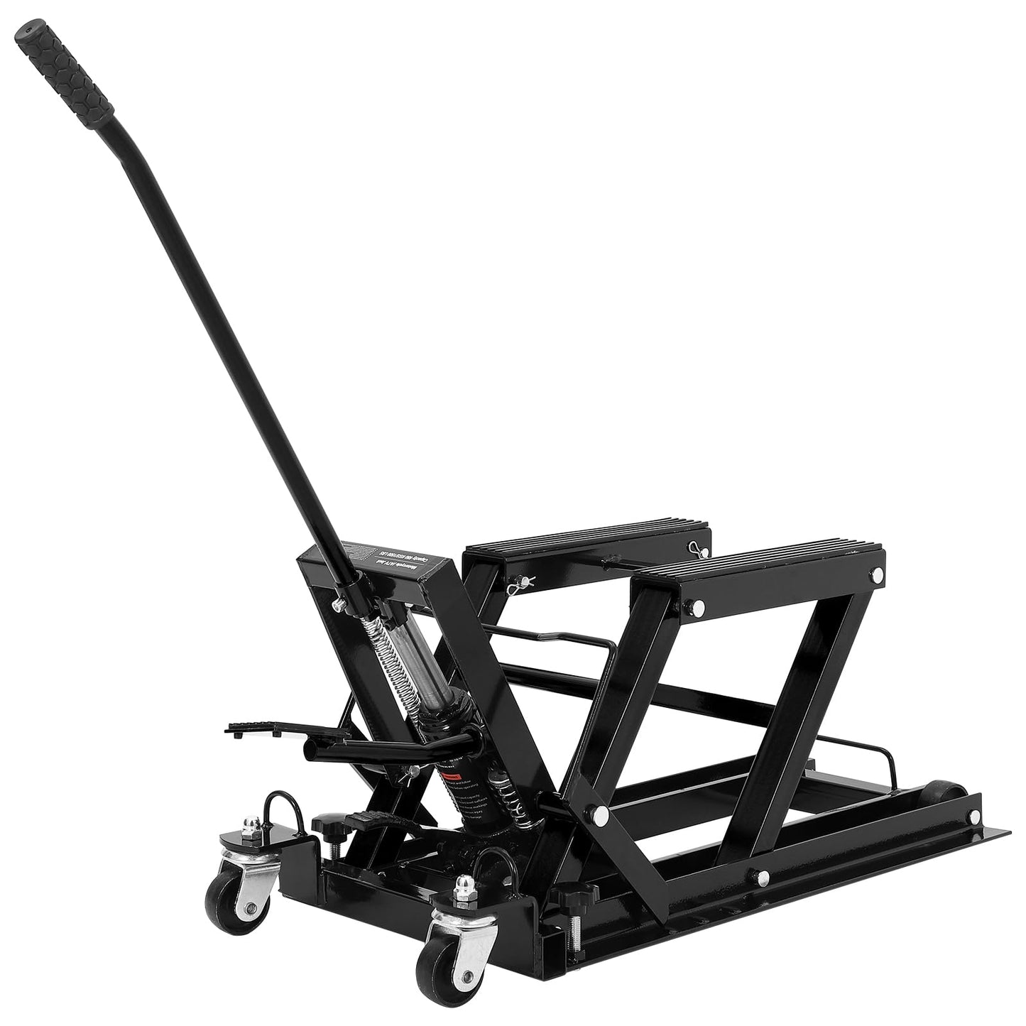 Hydraulic Motorcycle Lift Jack, 1500 LBS Heavy Duty Foot-Operated ATV Lift Stand, Portable Motorcycle & Dirt Bike Jack with 4 Wheels & Long Handle for Garage Maintenance, Black