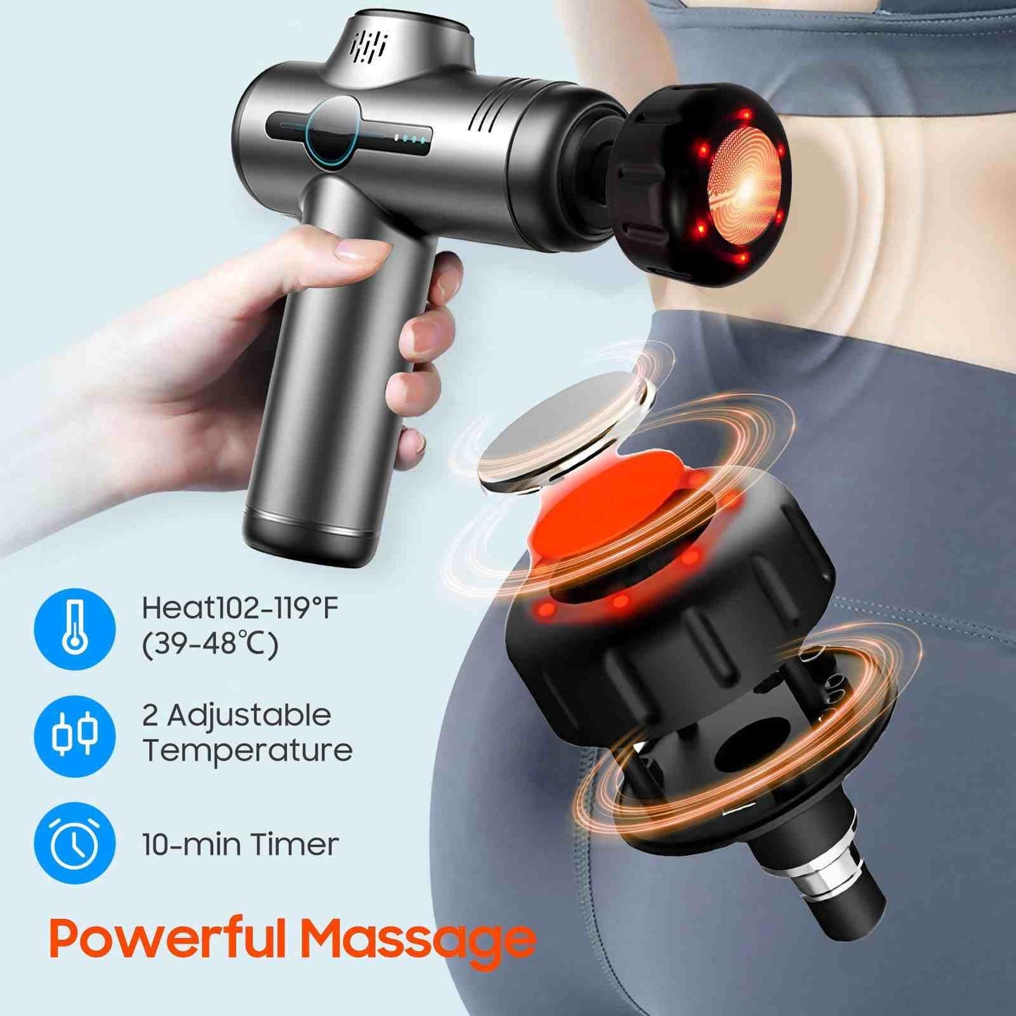 JOYSUWERUN Massage Gun with Heat, Mini Handheld Massager for Home & Travel, Quiet, Lightweight & Portable,Powerful Full Body Electric Massager Tool for Men and Women, (Grey)