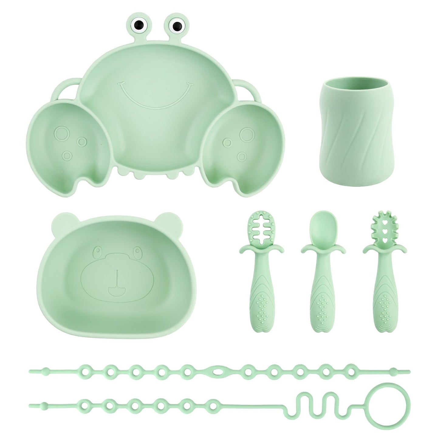 Silicone Baby Feeding Set, 8-Piece Baby Led Weaning Supplies Included Toddler Suction Plate, Bowl, Cup, 3 Spoons & 2 Safety Straps Keep Spoon, Fork & Bottle Off The Floor for Self-Feeding (Green)