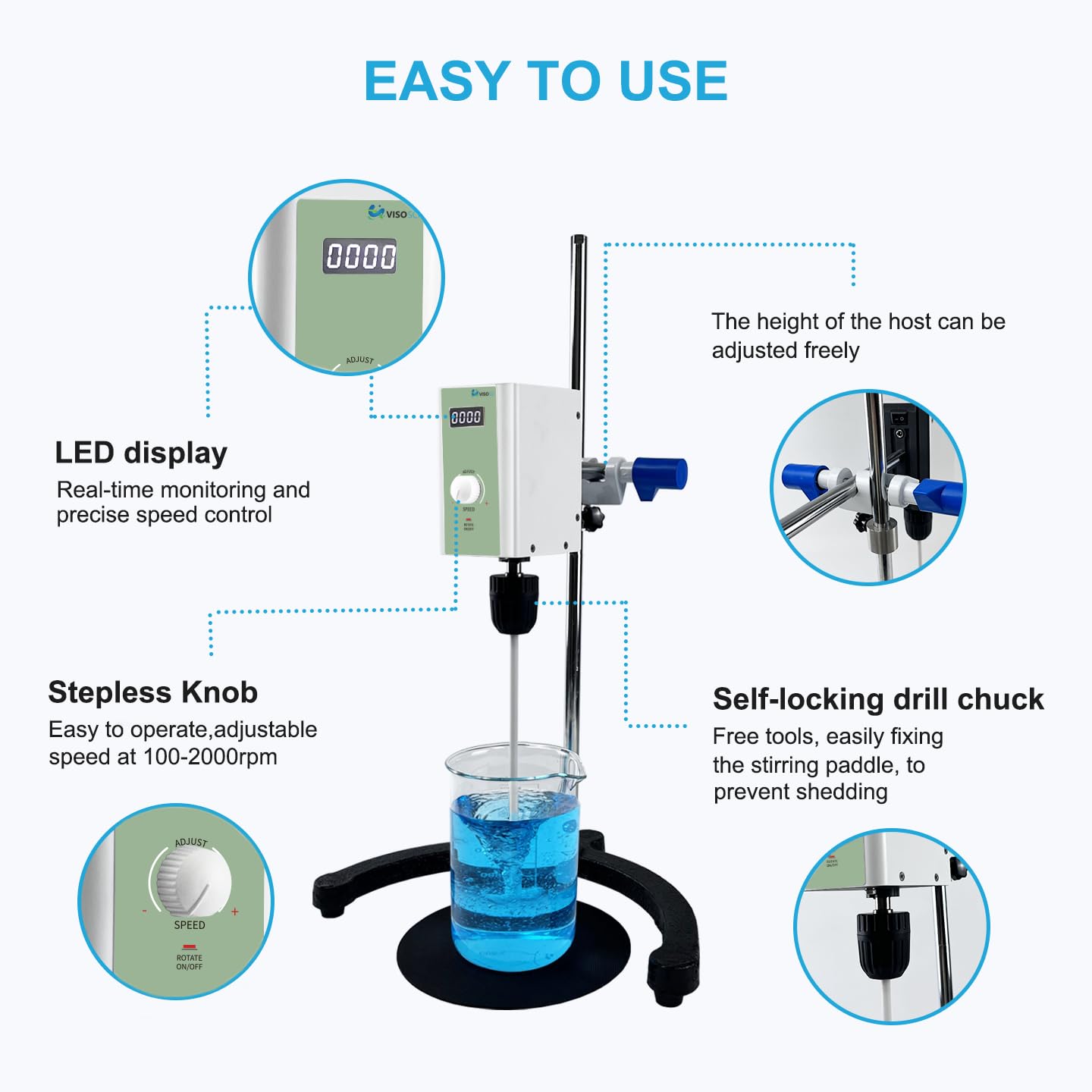 Digital Lab Overhead Stirrer,Speed 100-2000rpm,Max.Torque 20N·cm,Max.Viscosity 10000mpas,10L(H₂O), Lab Mixer with Overload Protection, Overhead Mixer with Support Stand&PTFE Stirring Rod,110-220V