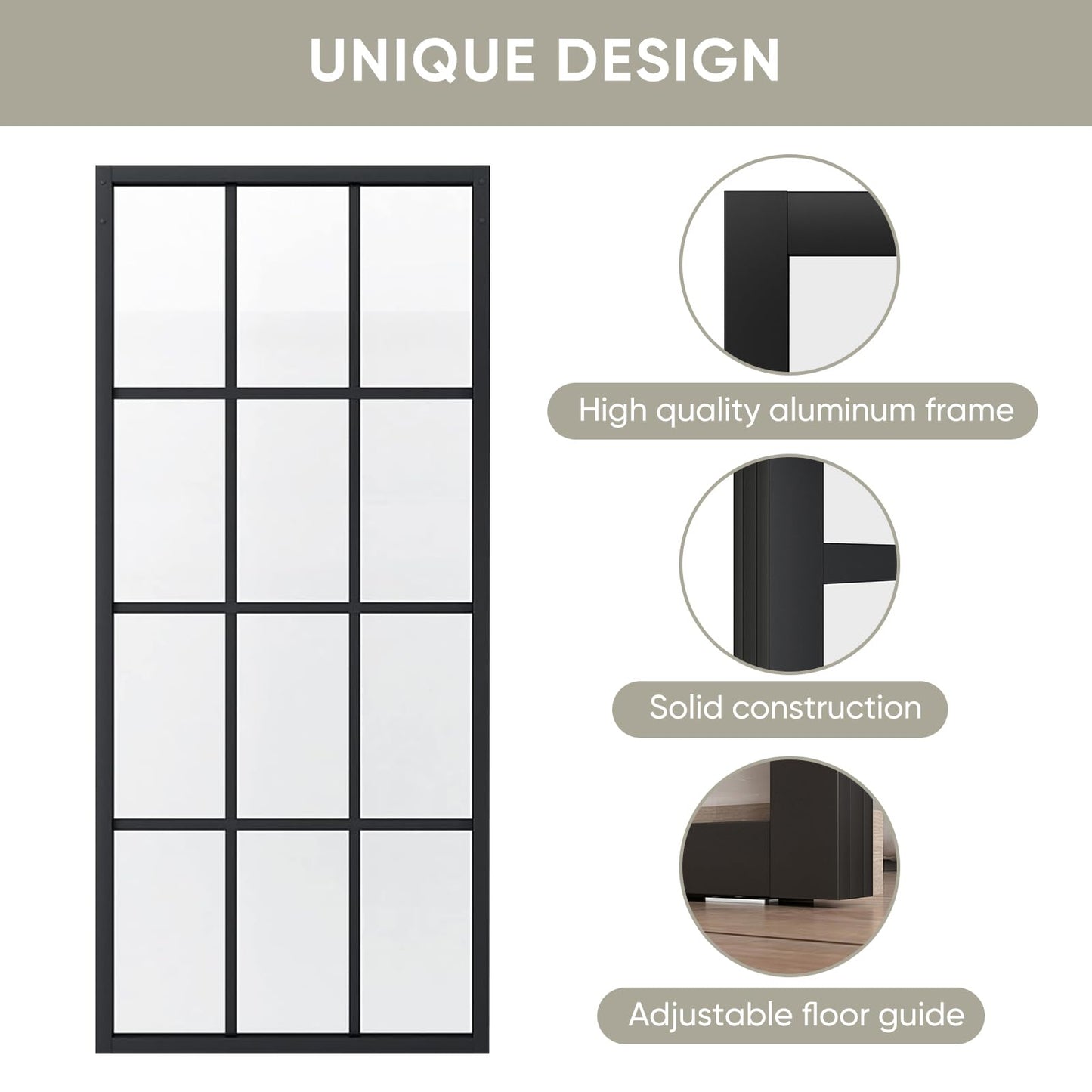 JUBEST 42in x 84in DIY Glass Sliding Barn Door, Sturdy 4-Lite Clear Tempered Glass Aluminum Frame Sliding Door Panel Without Hardware Kit, Easy Assembly