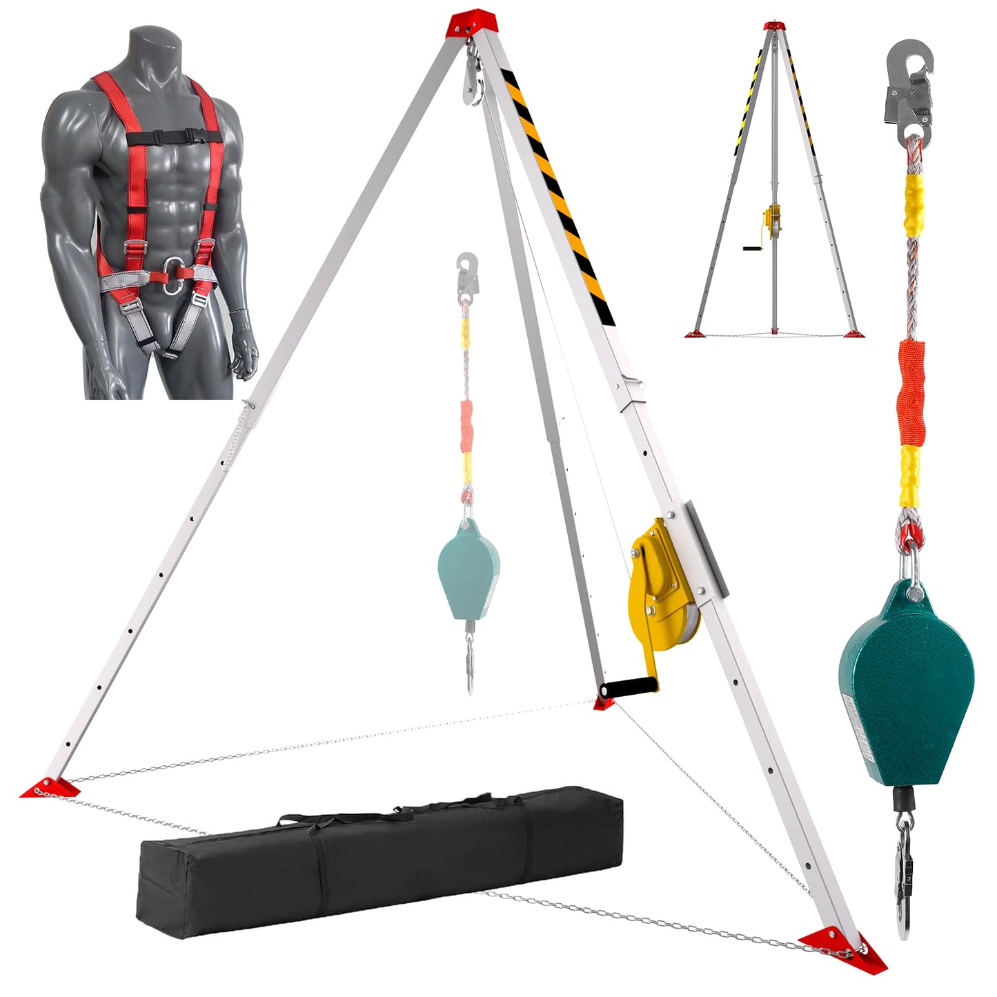 Confined Space Tripod Kit, 2200 Lbs Winch, Adjustable 7' Legs & 98' Cable, Steel Confined Space Rescue Tripod with 33' Fall Protection/Harness/8' Protection Chain for Confined Spaces Safety
