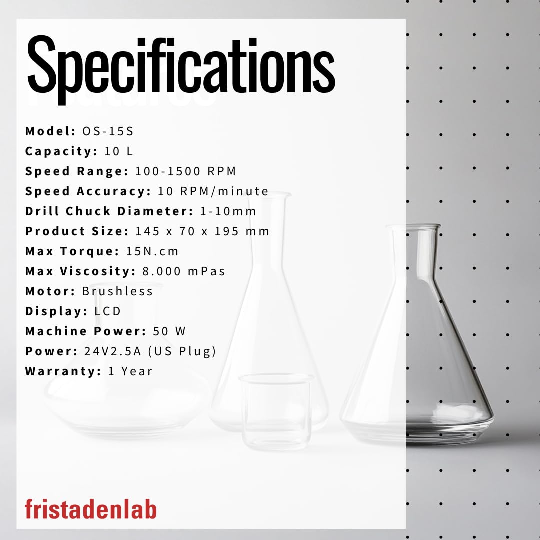Fristaden Lab Digital Overhead Stirrer – 10L Capacity - up to 8,000mPa·s Viscosity - Mixer for Viscous Liquids - 100-1200rpm with Stand & Stirring Rod