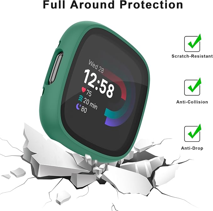 Vancle Case for Fitbit Versa 4 / Fitbit Sense 2, 4-Pack Screen Protector Tempered Glass Full Around Hard PC Case with Sensitive Touch Film Protective for Fitbit Sense 2 / Versa 4(Black + Starlight + Navy Blue + Dark Green)