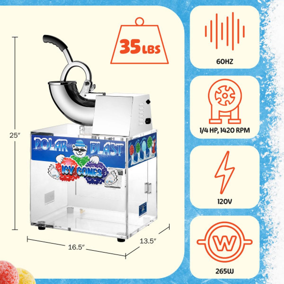 Polar Blast Snow Cone Machine - Acrylic Crushed Ice Maker Grinds Up to 500lbs of Ice Per Hour for Parties, Events, and More by Great Northern Popcorn